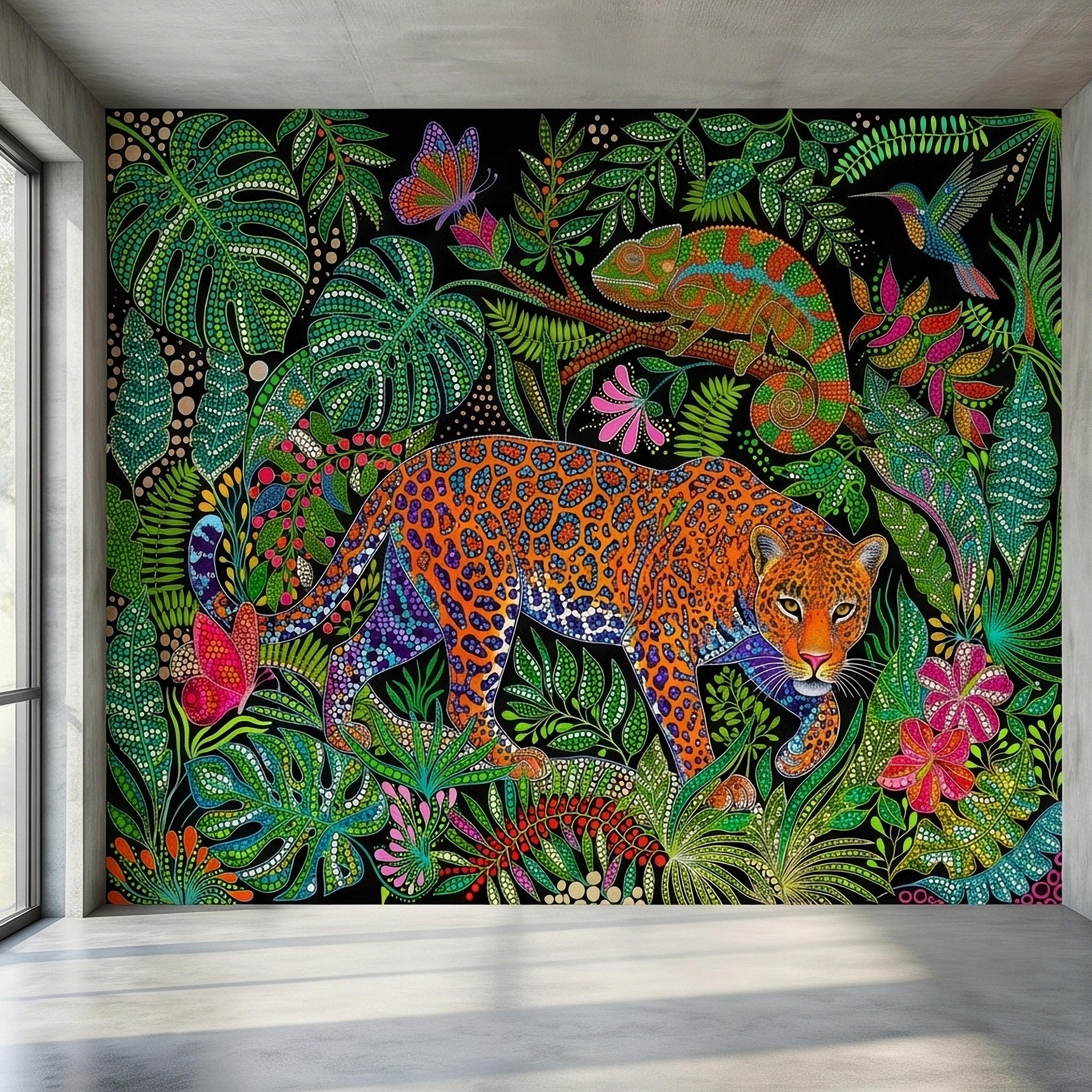 Colorful Jungle Jaguar Peel and Stick Wall Mural, Tropical Chameleon Hummingbird Butterfly Folk Dot Art, Vibrant Black Rainforest Wallpaper