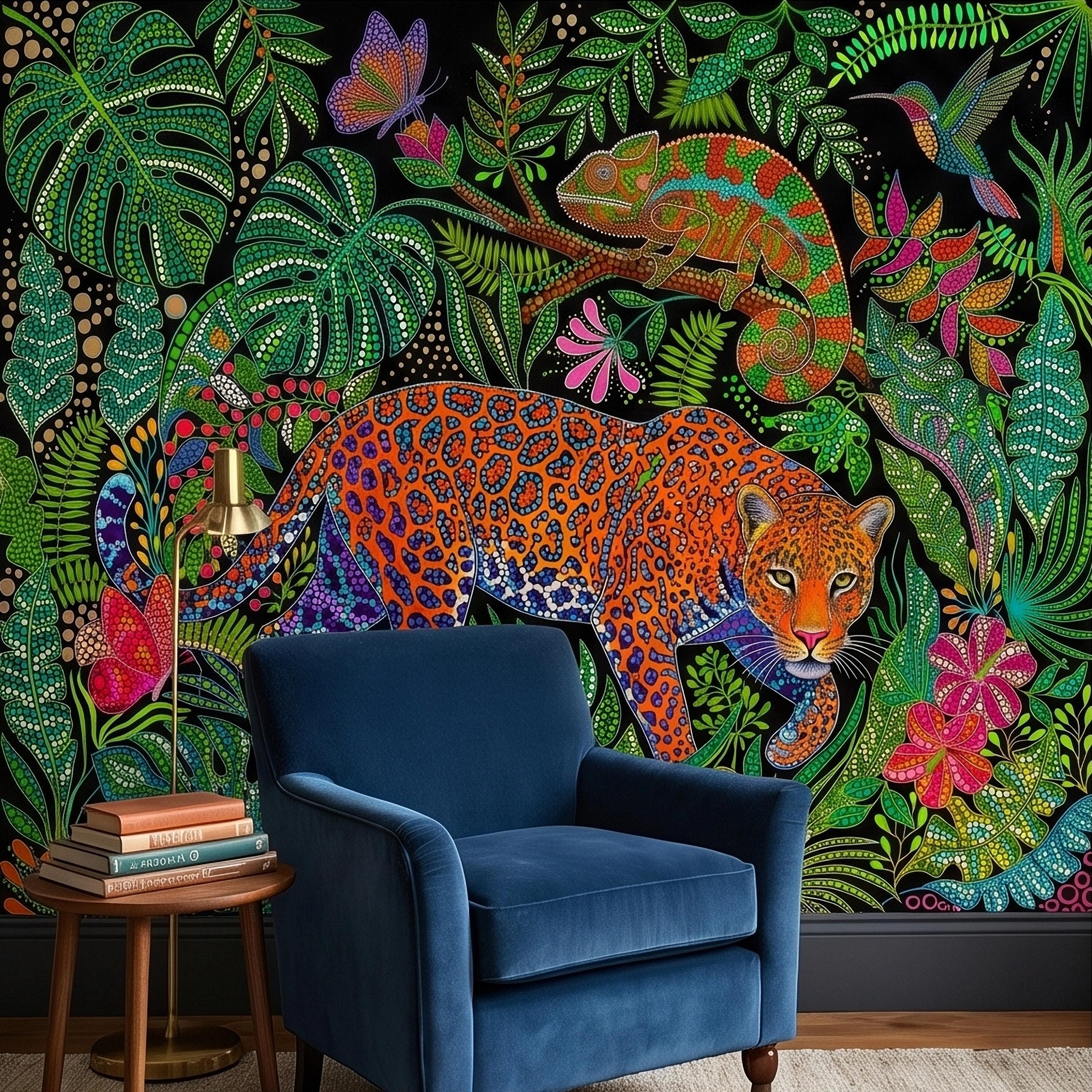 Colorful Jungle Jaguar Peel and Stick Wall Mural, Tropical Chameleon Hummingbird Butterfly Folk Dot Art, Vibrant Black Rainforest Wallpaper