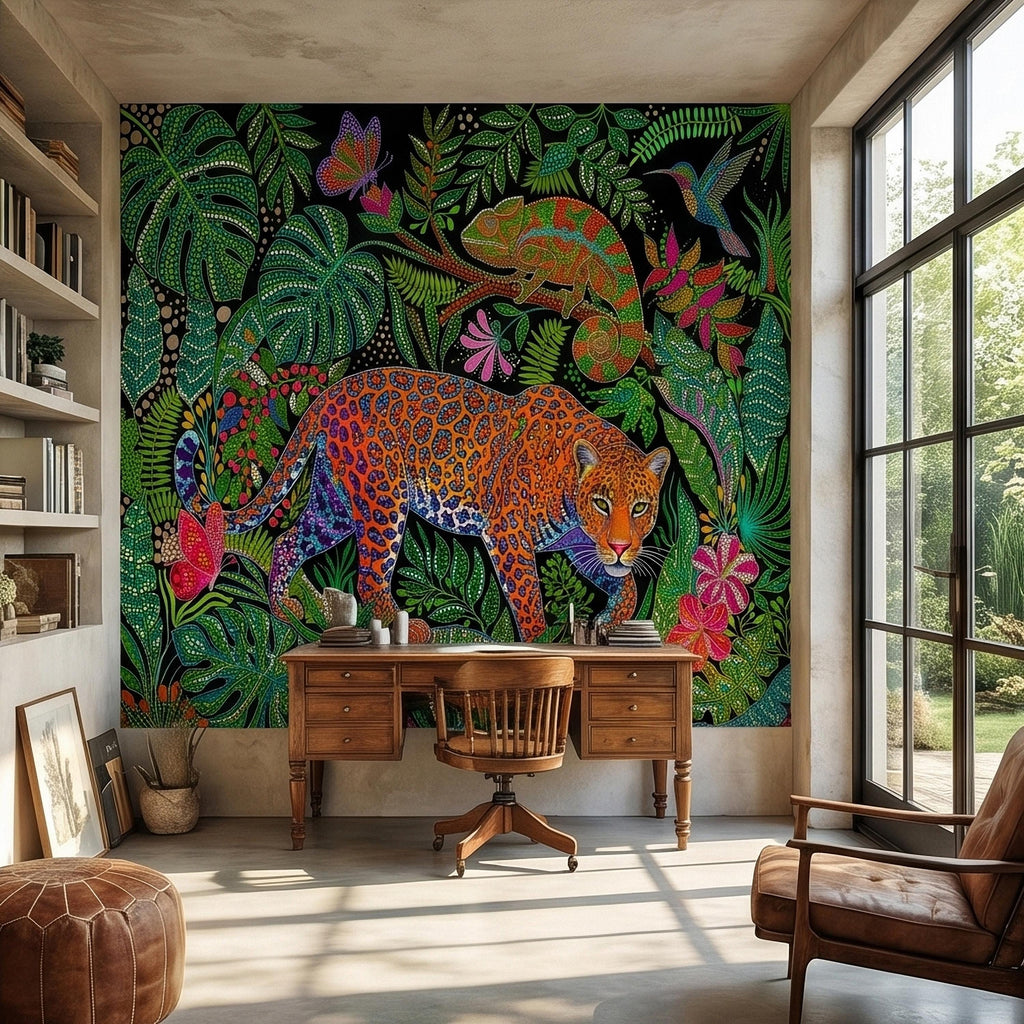 Colorful Jungle Jaguar Peel and Stick Wall Mural, Tropical Chameleon Hummingbird Butterfly Folk Dot Art, Vibrant Black Rainforest Wallpaper