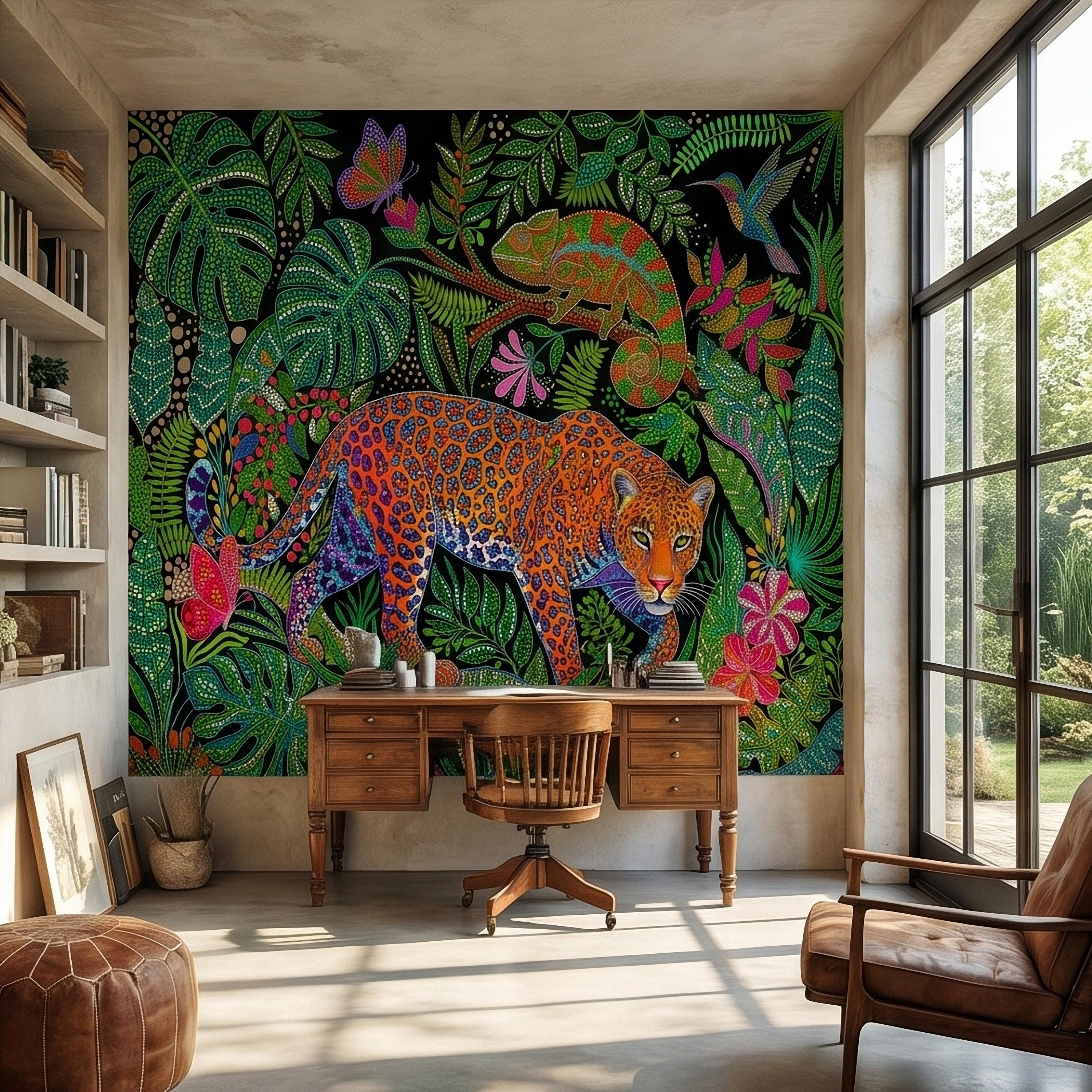 Colorful Jungle Jaguar Peel and Stick Wall Mural, Tropical Chameleon Hummingbird Butterfly Folk Dot Art, Vibrant Black Rainforest Wallpaper