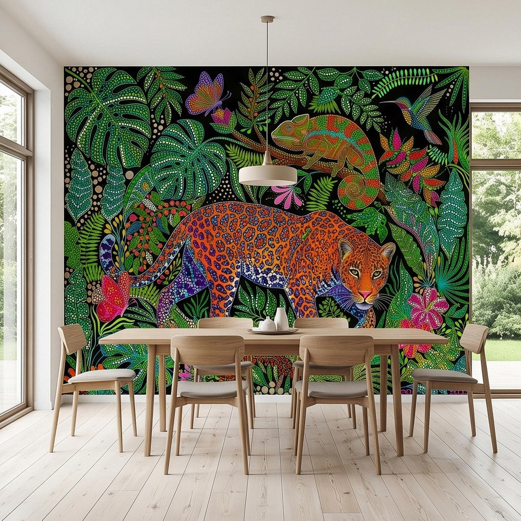 Colorful Jungle Jaguar Peel and Stick Wall Mural, Tropical Chameleon Hummingbird Butterfly Folk Dot Art, Vibrant Black Rainforest Wallpaper
