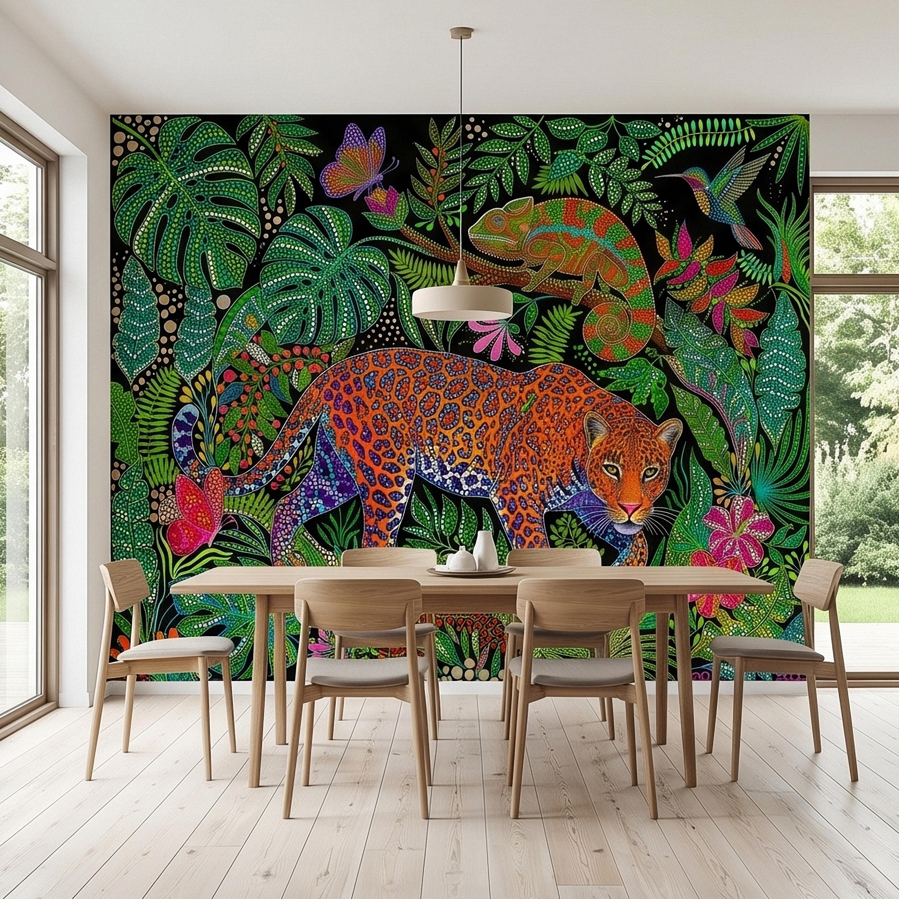 Colorful Jungle Jaguar Peel and Stick Wall Mural, Tropical Chameleon Hummingbird Butterfly Folk Dot Art, Vibrant Black Rainforest Wallpaper