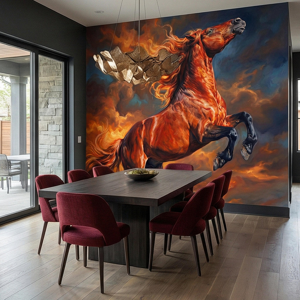 Rearing Chestnut Stallion Sunset Sky Peel and Stick Wall Mural, Golden Hour Clouds Western Equestrian Horse Oil Painting Style Wallpaper