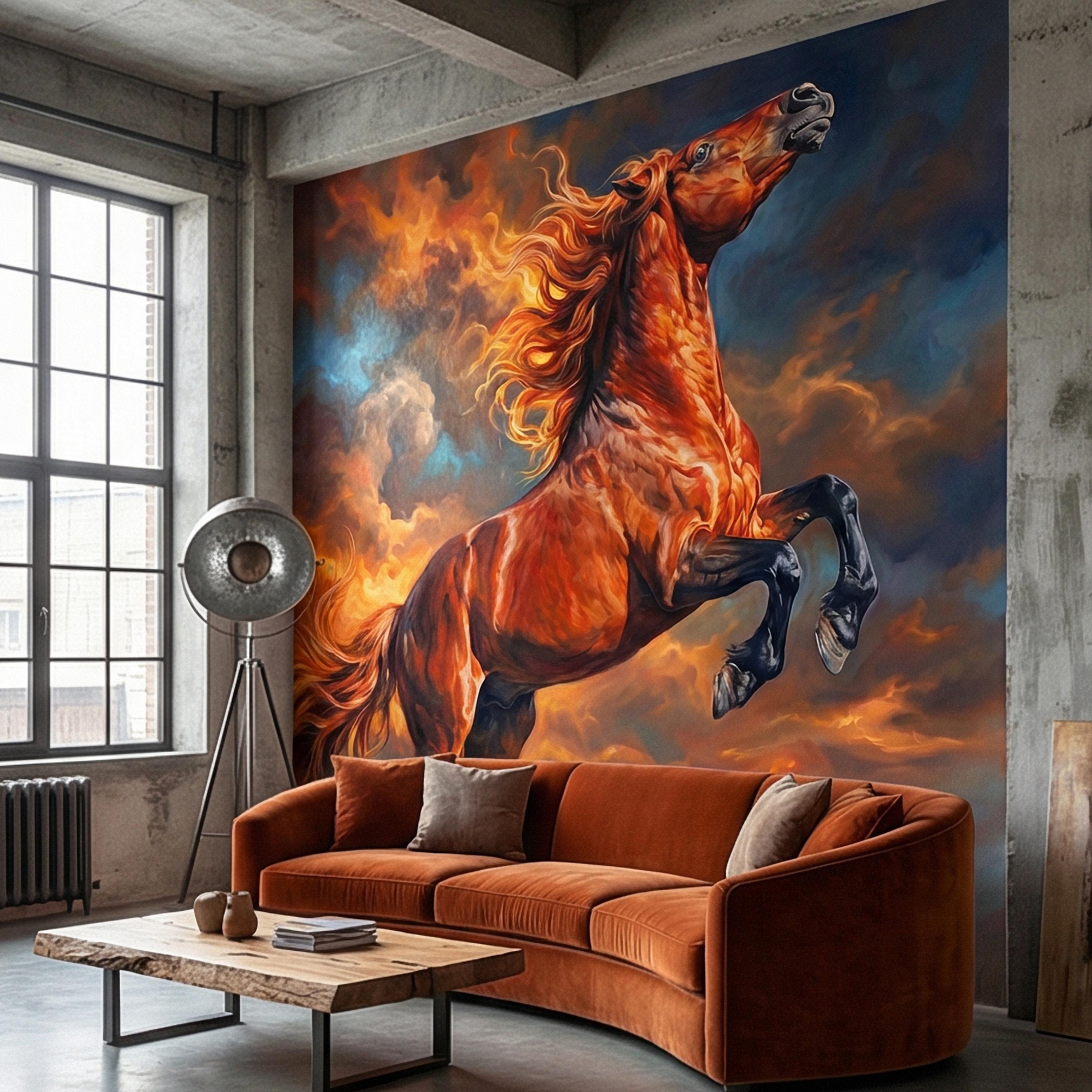 Rearing Chestnut Stallion Sunset Sky Peel and Stick Wall Mural, Golden Hour Clouds Western Equestrian Horse Oil Painting Style Wallpaper