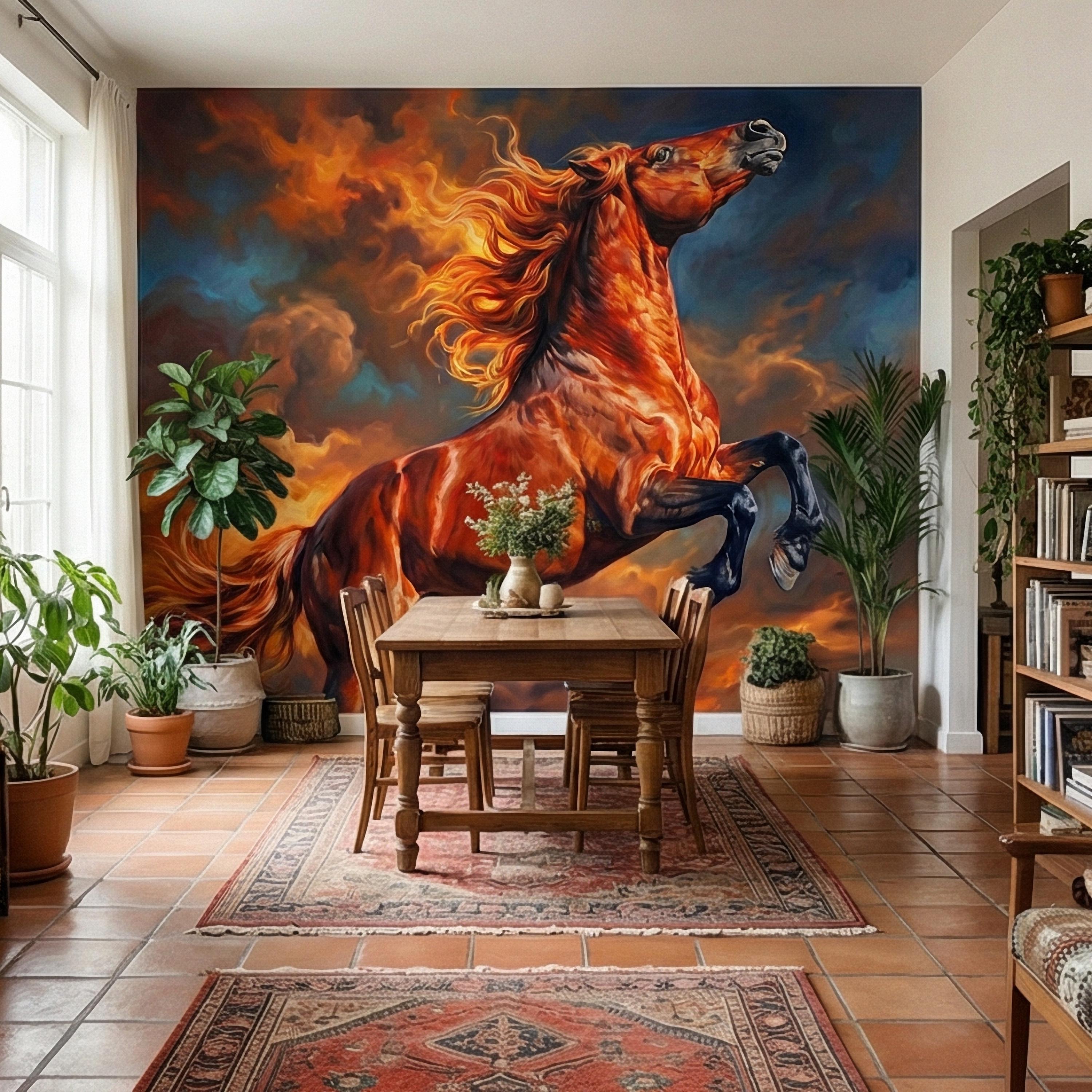 Rearing Chestnut Stallion Sunset Sky Peel and Stick Wall Mural, Golden Hour Clouds Western Equestrian Horse Oil Painting Style Wallpaper