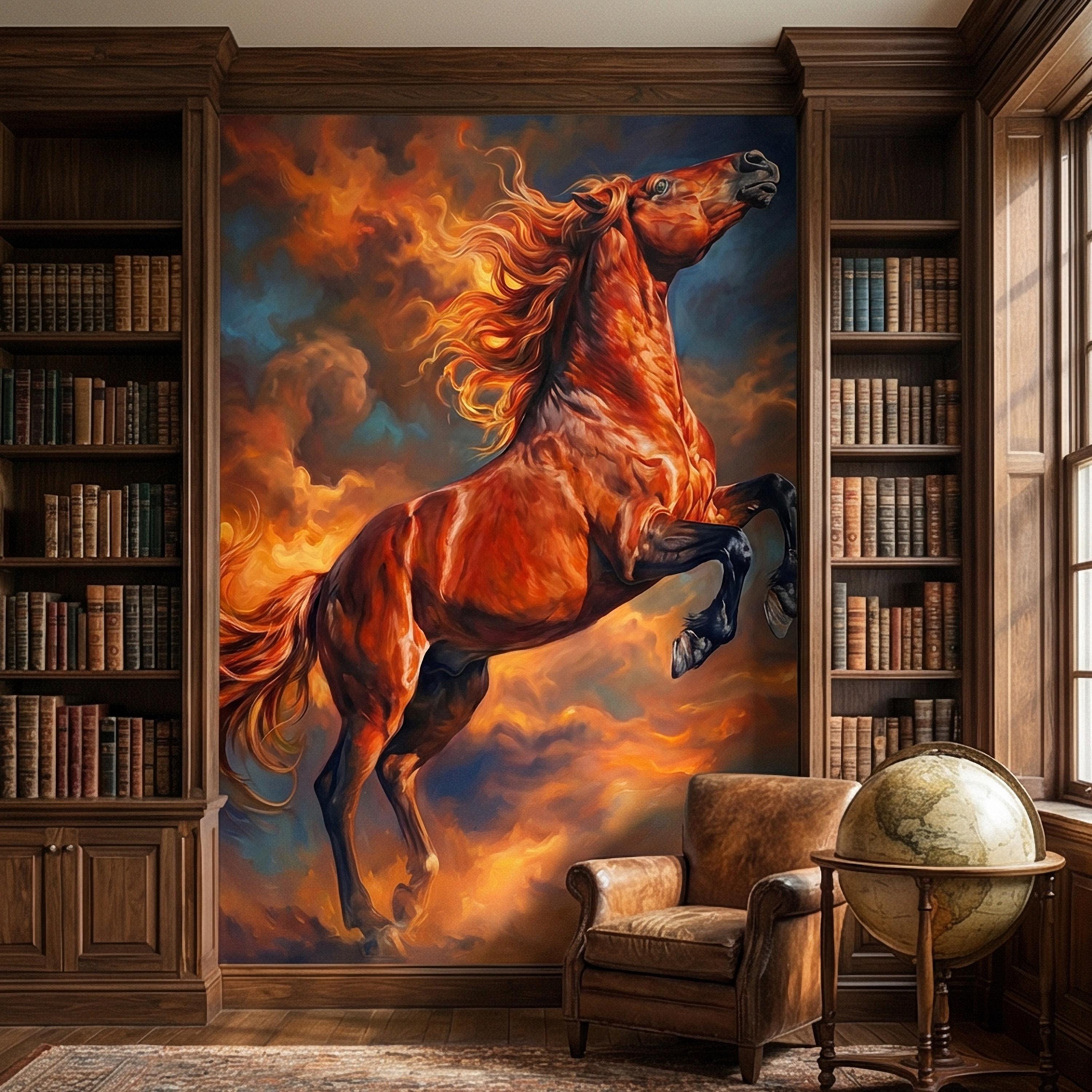 Rearing Chestnut Stallion Sunset Sky Peel and Stick Wall Mural, Golden Hour Clouds Western Equestrian Horse Oil Painting Style Wallpaper