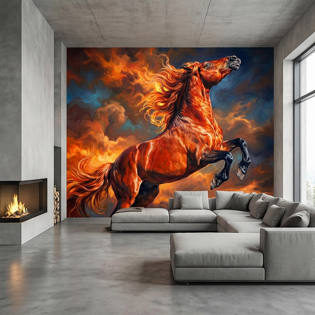 Rearing Chestnut Stallion Sunset Sky Peel and Stick Wall Mural, Golden Hour Clouds Western Equestrian Horse Oil Painting Style Wallpaper