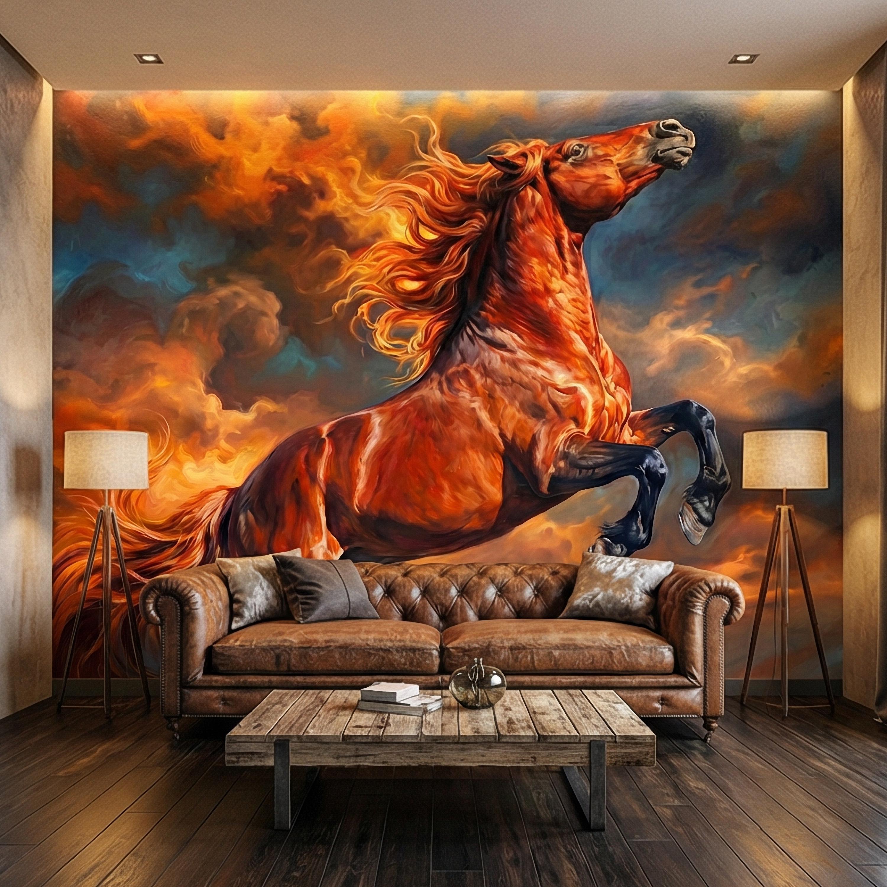 Rearing Chestnut Stallion Sunset Sky Peel and Stick Wall Mural, Golden Hour Clouds Western Equestrian Horse Oil Painting Style Wallpaper