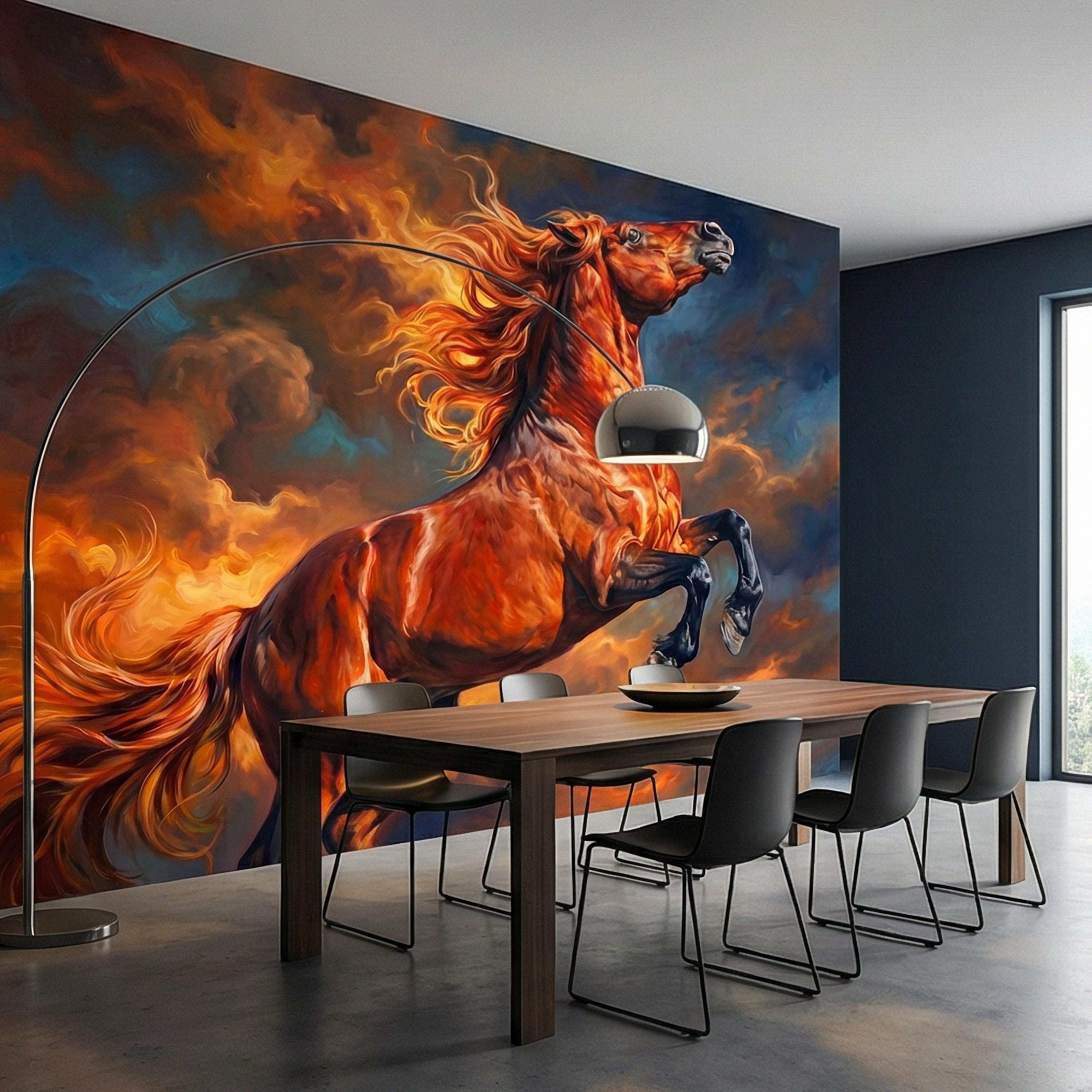 Rearing Chestnut Stallion Sunset Sky Peel and Stick Wall Mural, Golden Hour Clouds Western Equestrian Horse Oil Painting Style Wallpaper