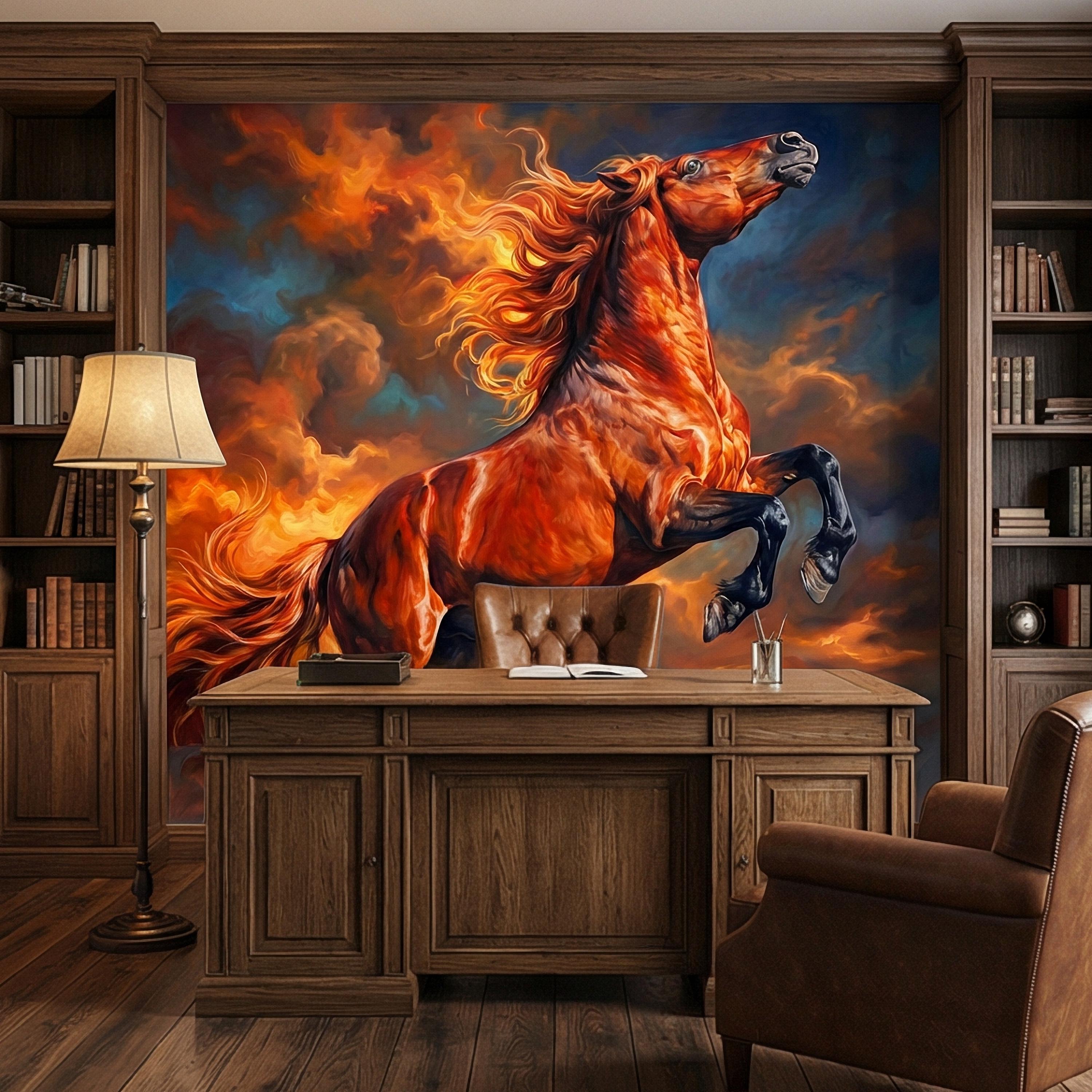 Rearing Chestnut Stallion Sunset Sky Peel and Stick Wall Mural, Golden Hour Clouds Western Equestrian Horse Oil Painting Style Wallpaper