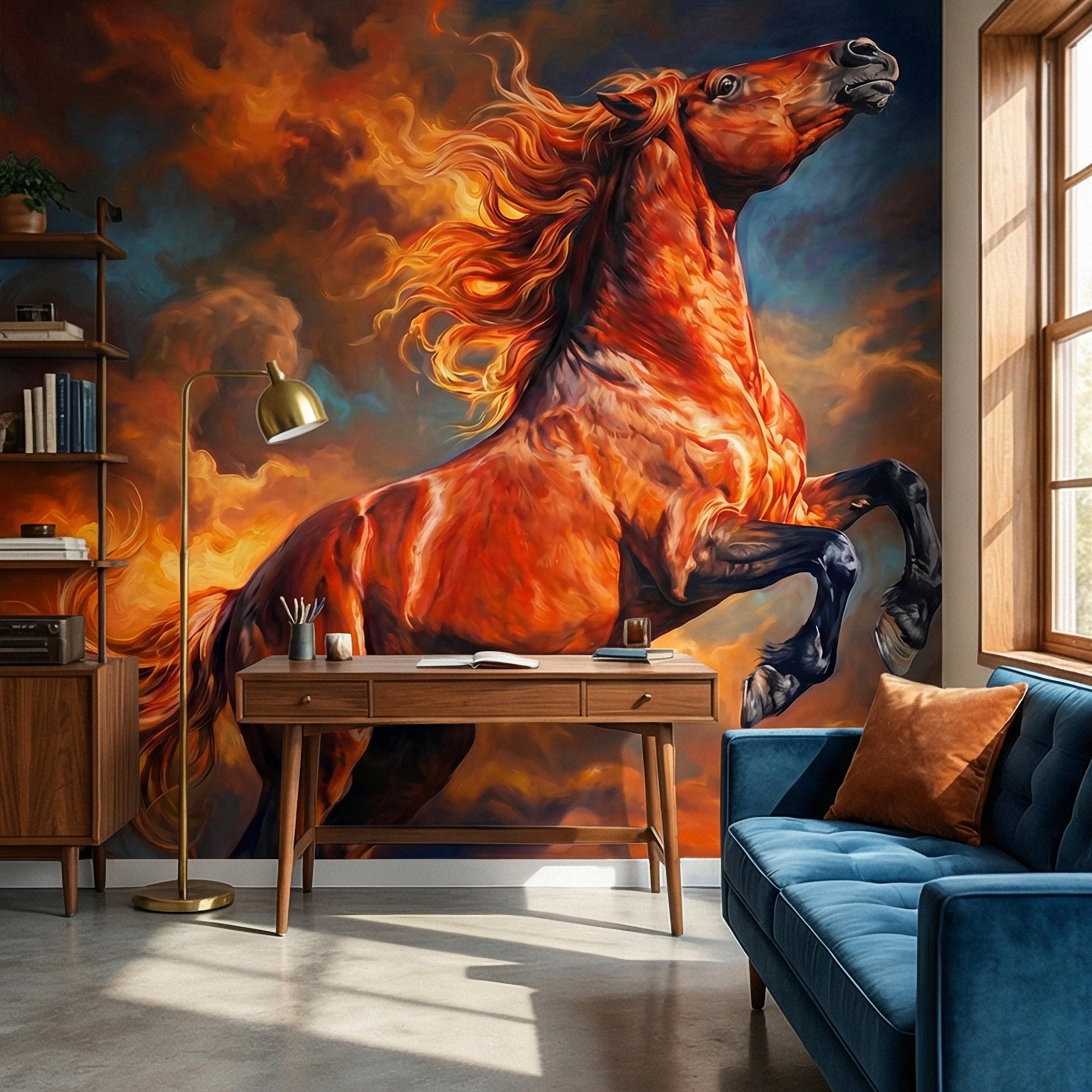 Rearing Chestnut Stallion Sunset Sky Peel and Stick Wall Mural, Golden Hour Clouds Western Equestrian Horse Oil Painting Style Wallpaper