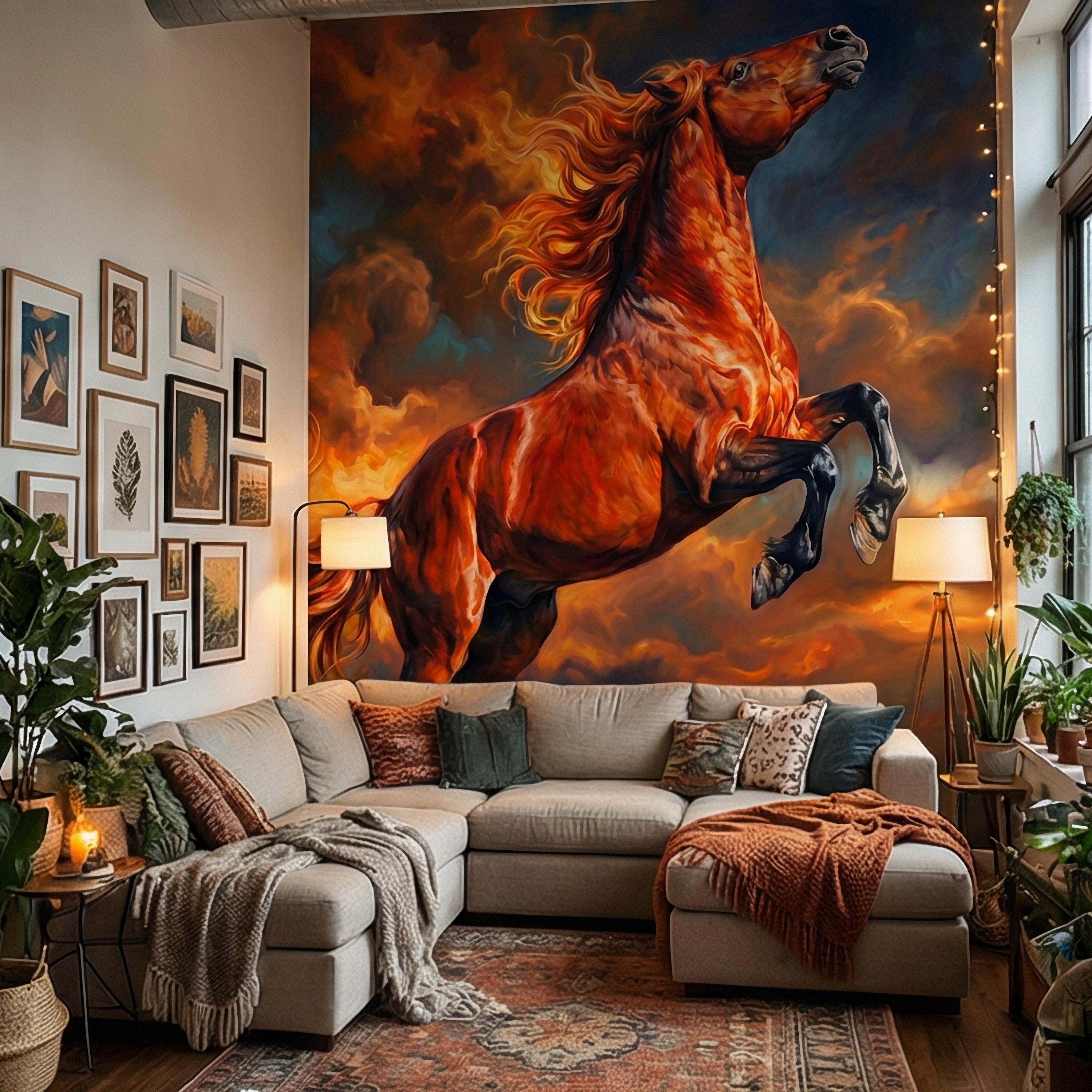 Rearing Chestnut Stallion Sunset Sky Peel and Stick Wall Mural, Golden Hour Clouds Western Equestrian Horse Oil Painting Style Wallpaper