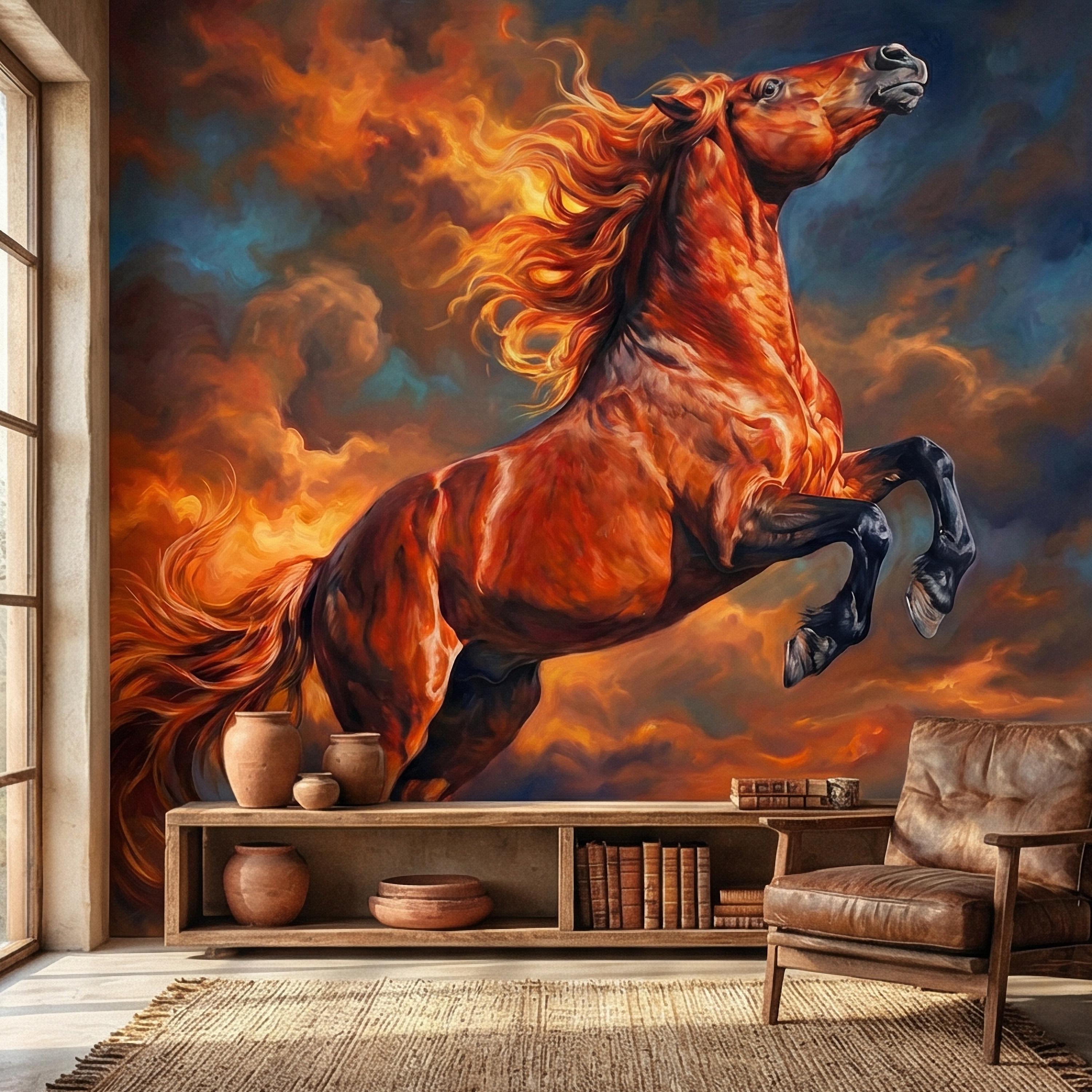 Rearing Chestnut Stallion Sunset Sky Peel and Stick Wall Mural, Golden Hour Clouds Western Equestrian Horse Oil Painting Style Wallpaper