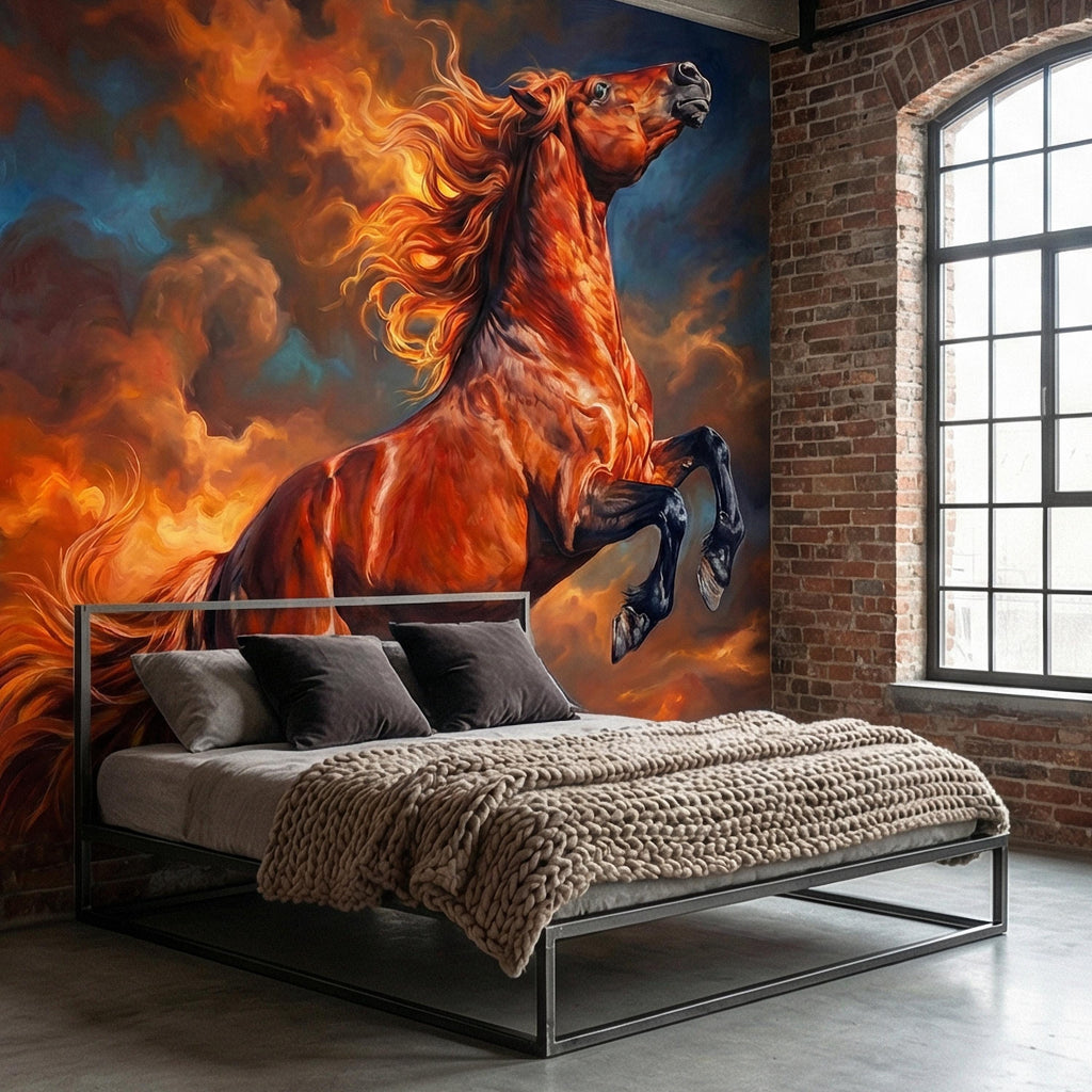 Rearing Chestnut Stallion Sunset Sky Peel and Stick Wall Mural, Golden Hour Clouds Western Equestrian Horse Oil Painting Style Wallpaper
