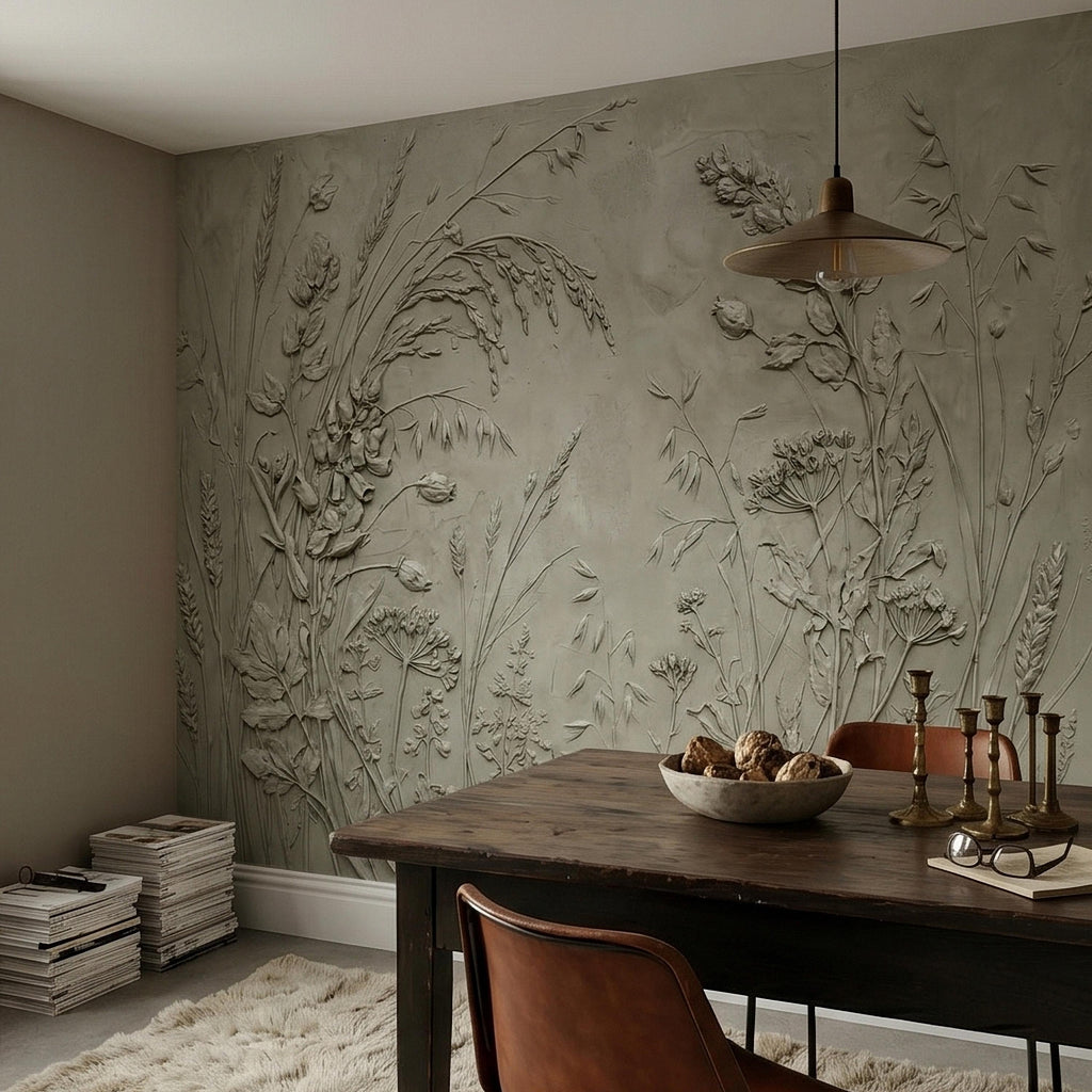 Sage Green Botanical Peel and Stick Wall Mural, Textured Wildflower Meadow Bas Relief Style Luxury Embossed Stucco Limewash Floral Wallpaper
