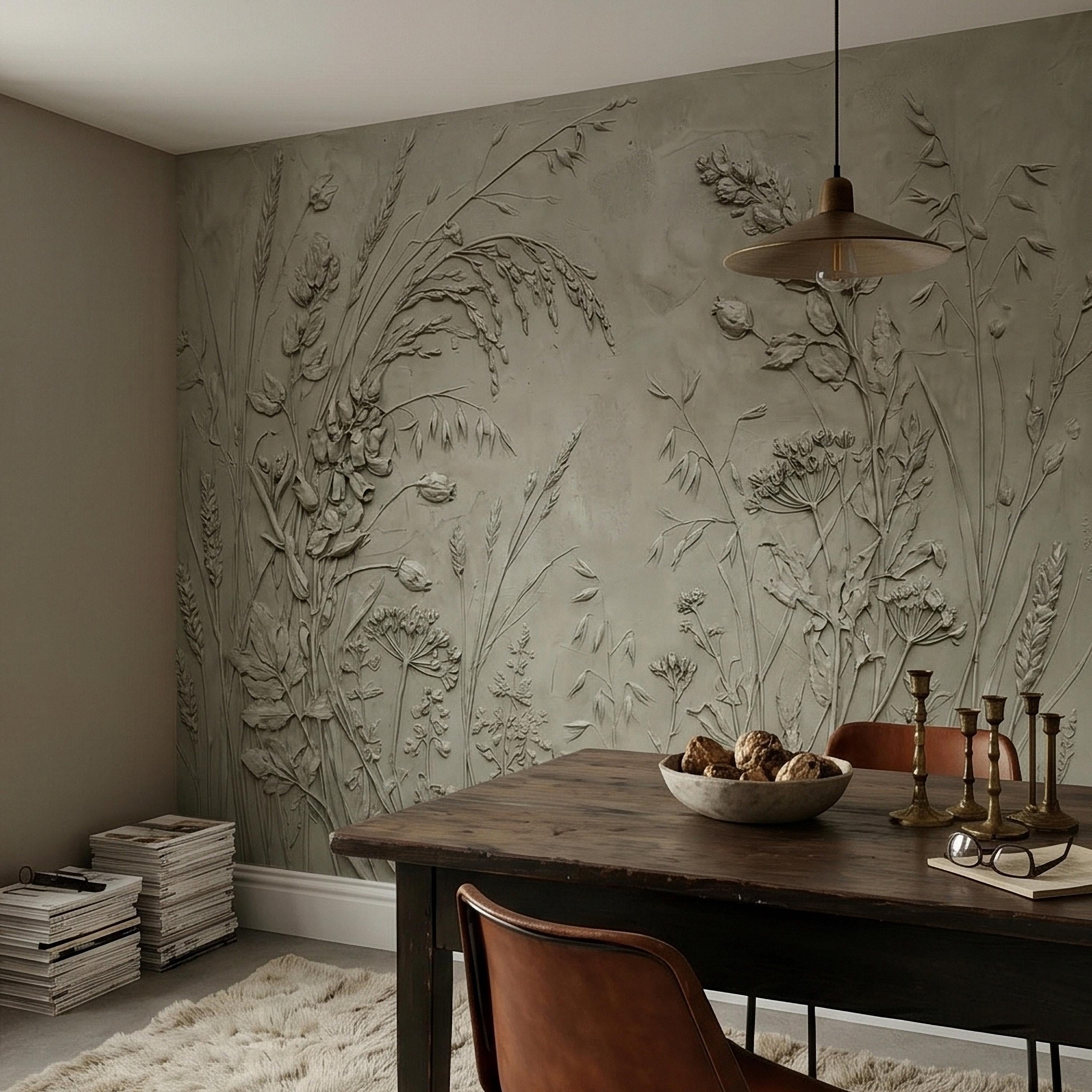 Sage Green Botanical Peel and Stick Wall Mural, Textured Wildflower Meadow Bas Relief Style Luxury Embossed Stucco Limewash Floral Wallpaper