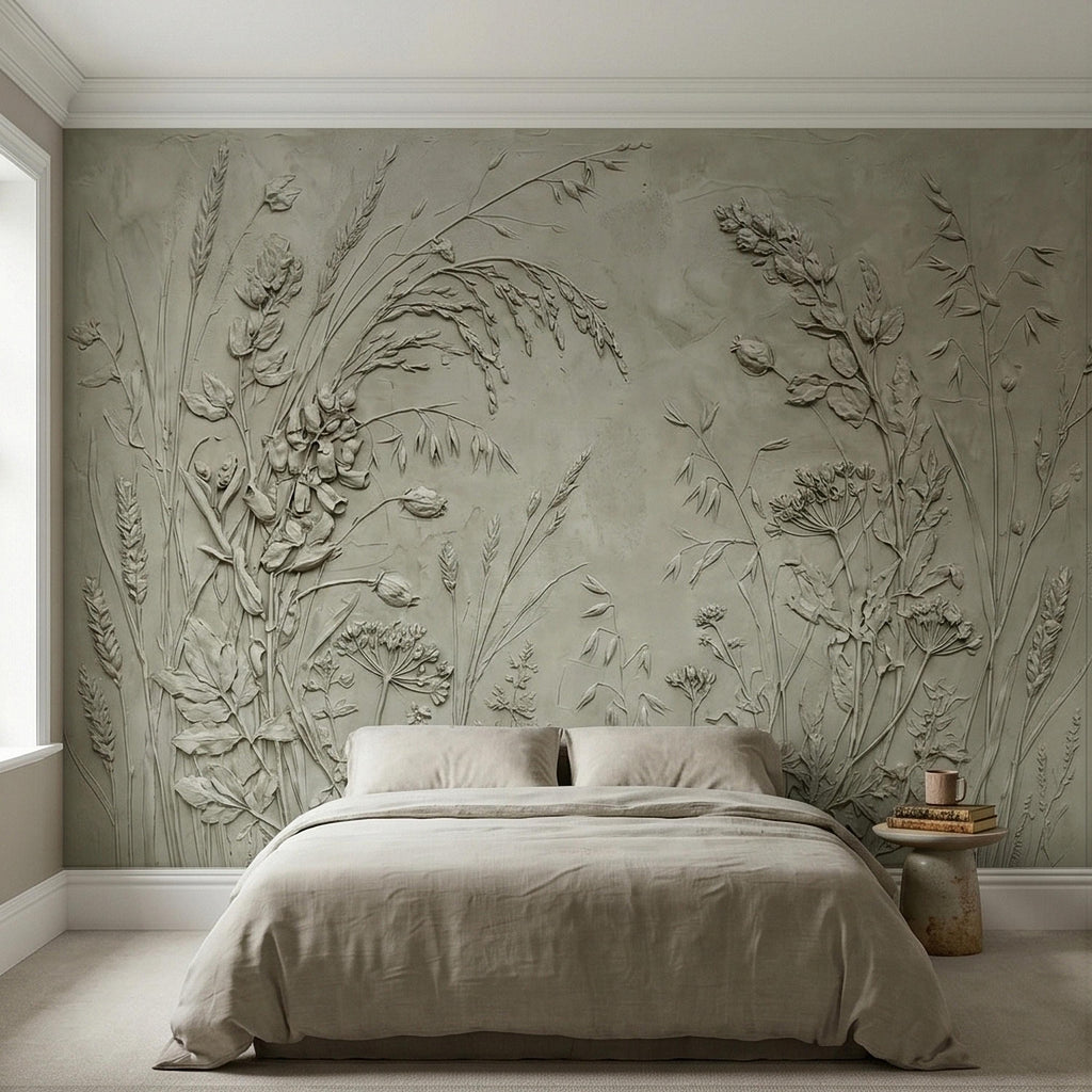 Sage Green Botanical Peel and Stick Wall Mural, Textured Wildflower Meadow Bas Relief Style Luxury Embossed Stucco Limewash Floral Wallpaper