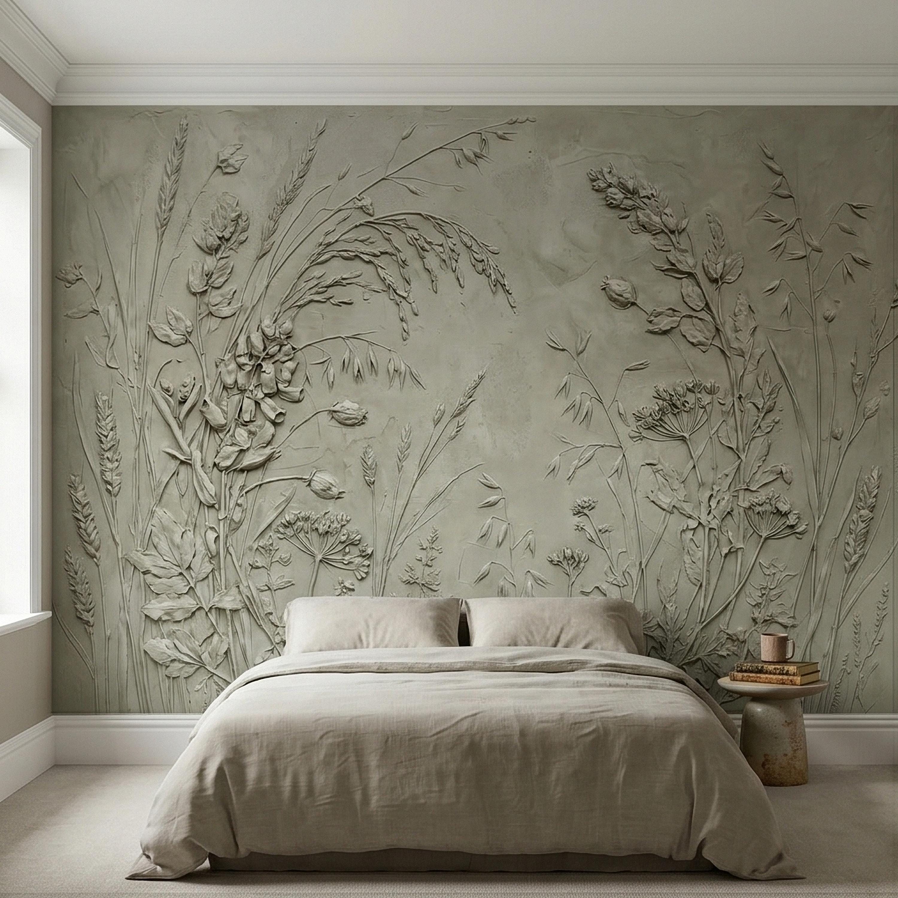 Sage Green Botanical Peel and Stick Wall Mural, Textured Wildflower Meadow Bas Relief Style Luxury Embossed Stucco Limewash Floral Wallpaper