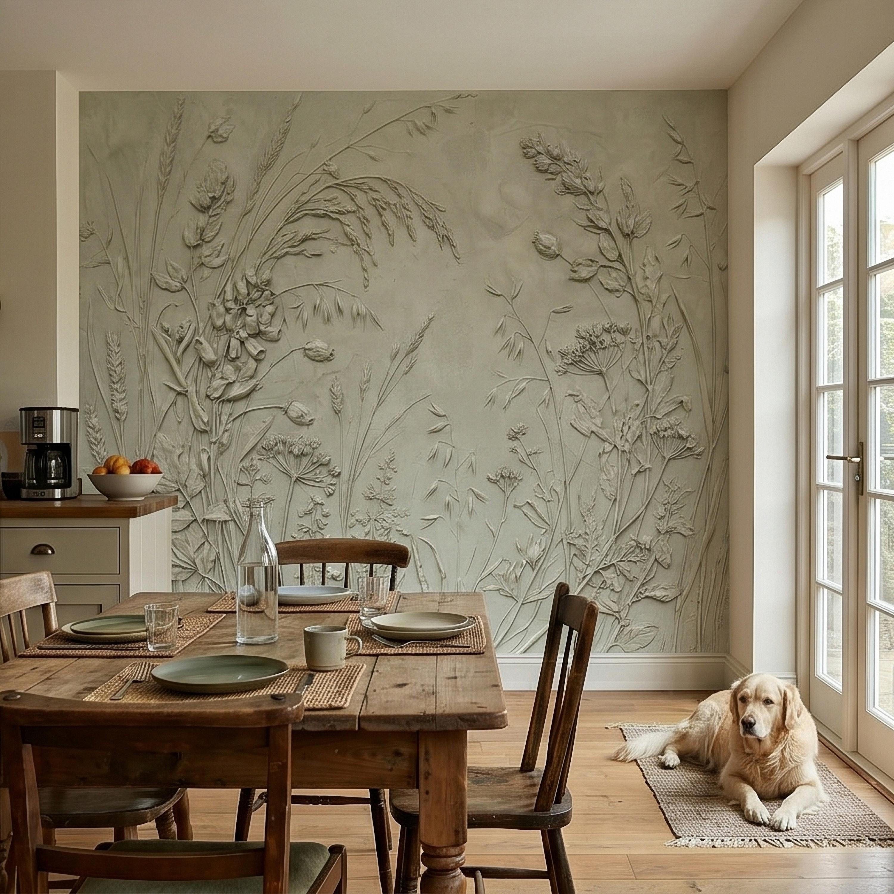 Sage Green Botanical Peel and Stick Wall Mural, Textured Wildflower Meadow Bas Relief Style Luxury Embossed Stucco Limewash Floral Wallpaper