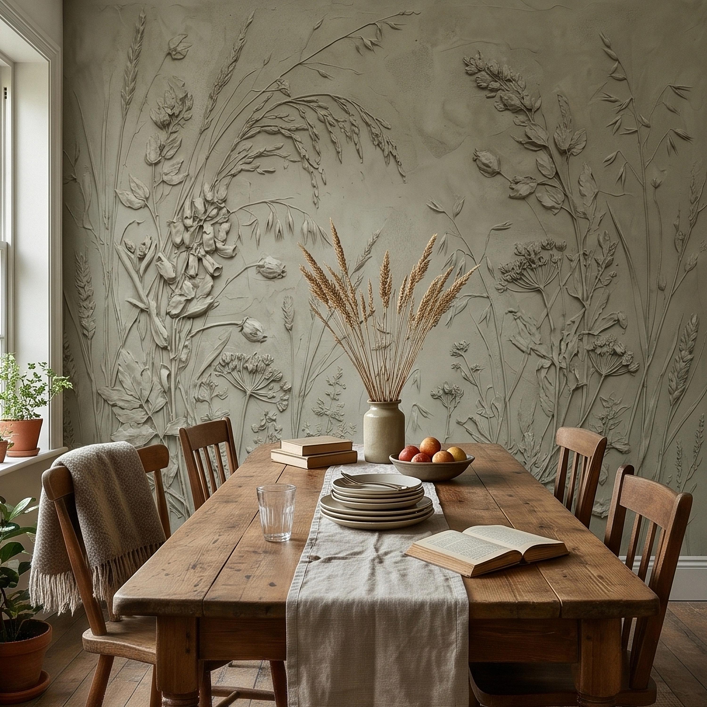Sage Green Botanical Peel and Stick Wall Mural, Textured Wildflower Meadow Bas Relief Style Luxury Embossed Stucco Limewash Floral Wallpaper