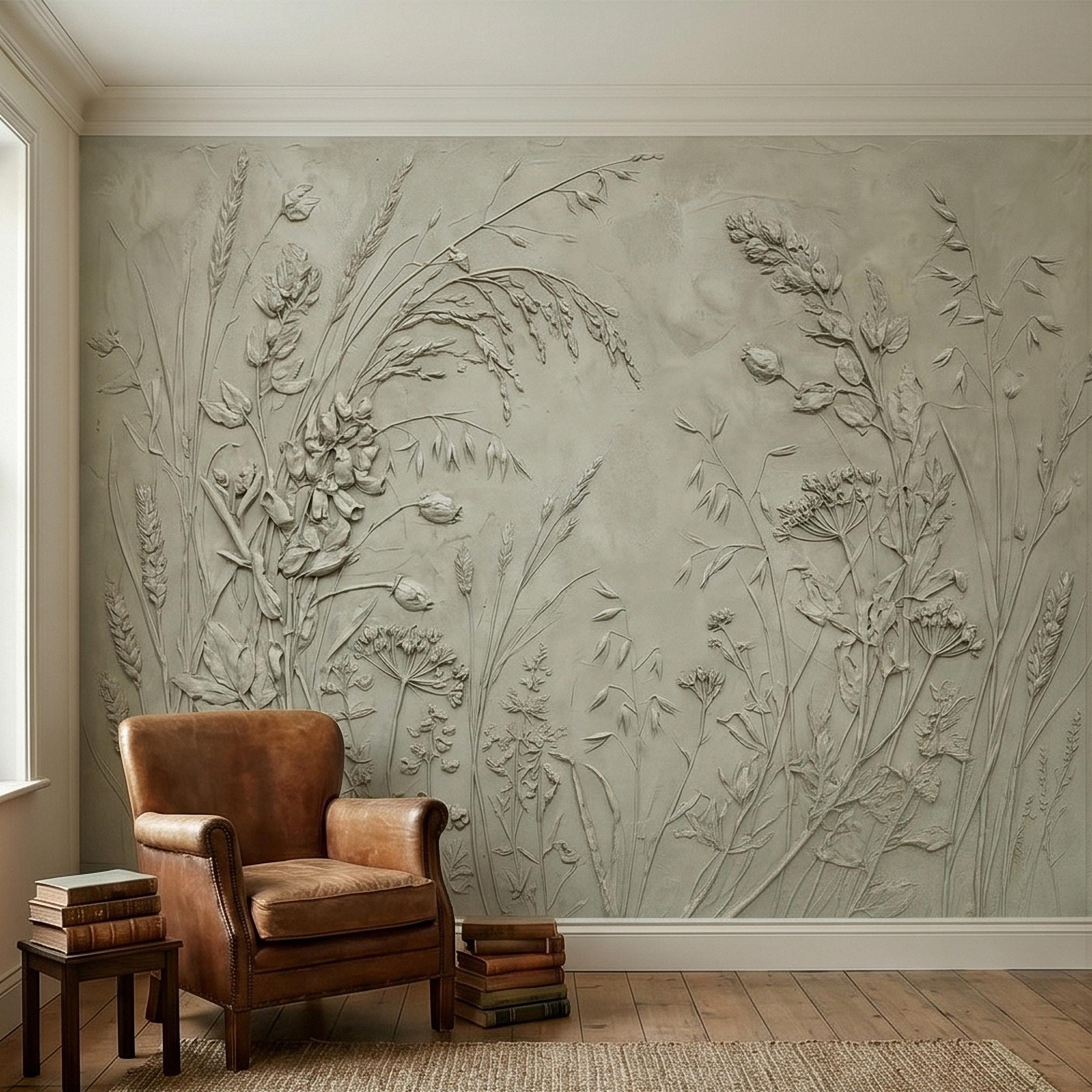 Sage Green Botanical Peel and Stick Wall Mural, Textured Wildflower Meadow Bas Relief Style Luxury Embossed Stucco Limewash Floral Wallpaper