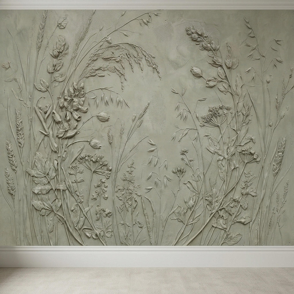 Sage Green Botanical Peel and Stick Wall Mural, Textured Wildflower Meadow Bas Relief Style Luxury Embossed Stucco Limewash Floral Wallpaper