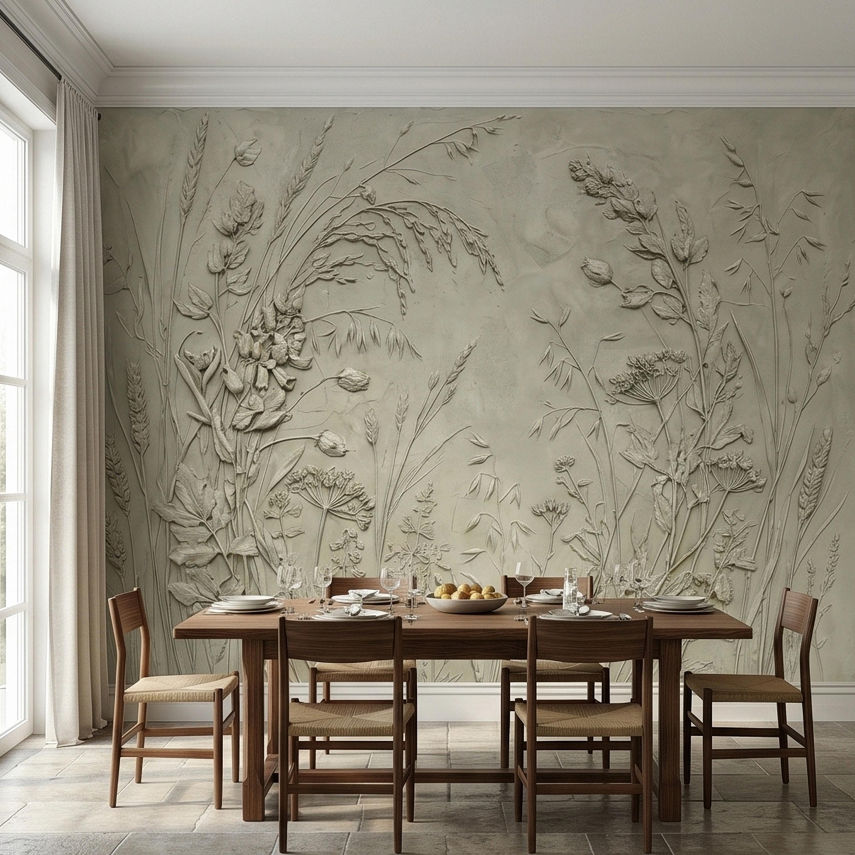 Sage Green Botanical Peel and Stick Wall Mural, Textured Wildflower Meadow Bas Relief Style Luxury Embossed Stucco Limewash Floral Wallpaper