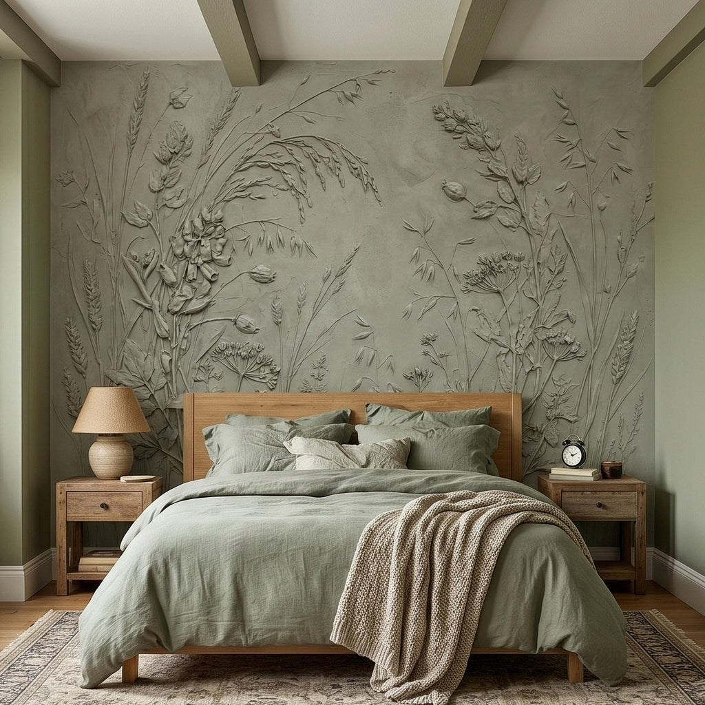 Sage Green Botanical Peel and Stick Wall Mural, Textured Wildflower Meadow Bas Relief Style Luxury Embossed Stucco Limewash Floral Wallpaper
