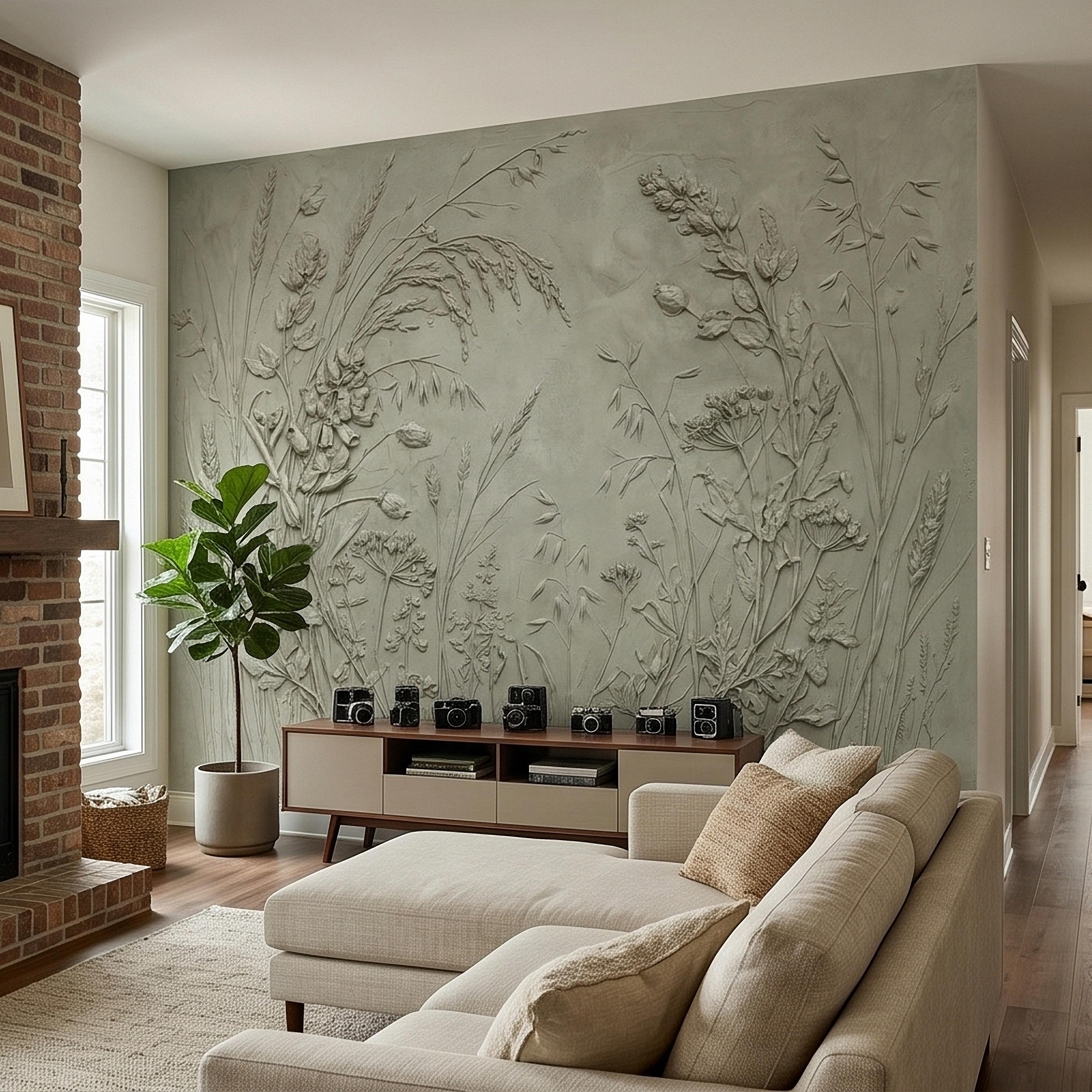 Sage Green Botanical Peel and Stick Wall Mural, Textured Wildflower Meadow Bas Relief Style Luxury Embossed Stucco Limewash Floral Wallpaper