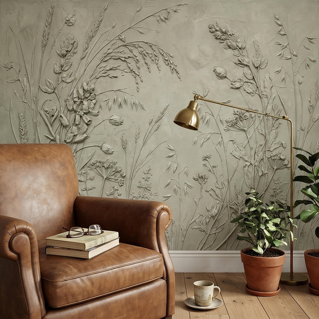 Sage Green Botanical Peel and Stick Wall Mural, Textured Wildflower Meadow Bas Relief Style Luxury Embossed Stucco Limewash Floral Wallpaper