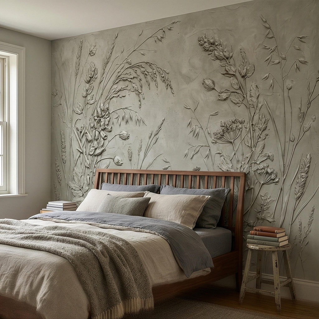 Sage Green Botanical Peel and Stick Wall Mural, Textured Wildflower Meadow Bas Relief Style Luxury Embossed Stucco Limewash Floral Wallpaper