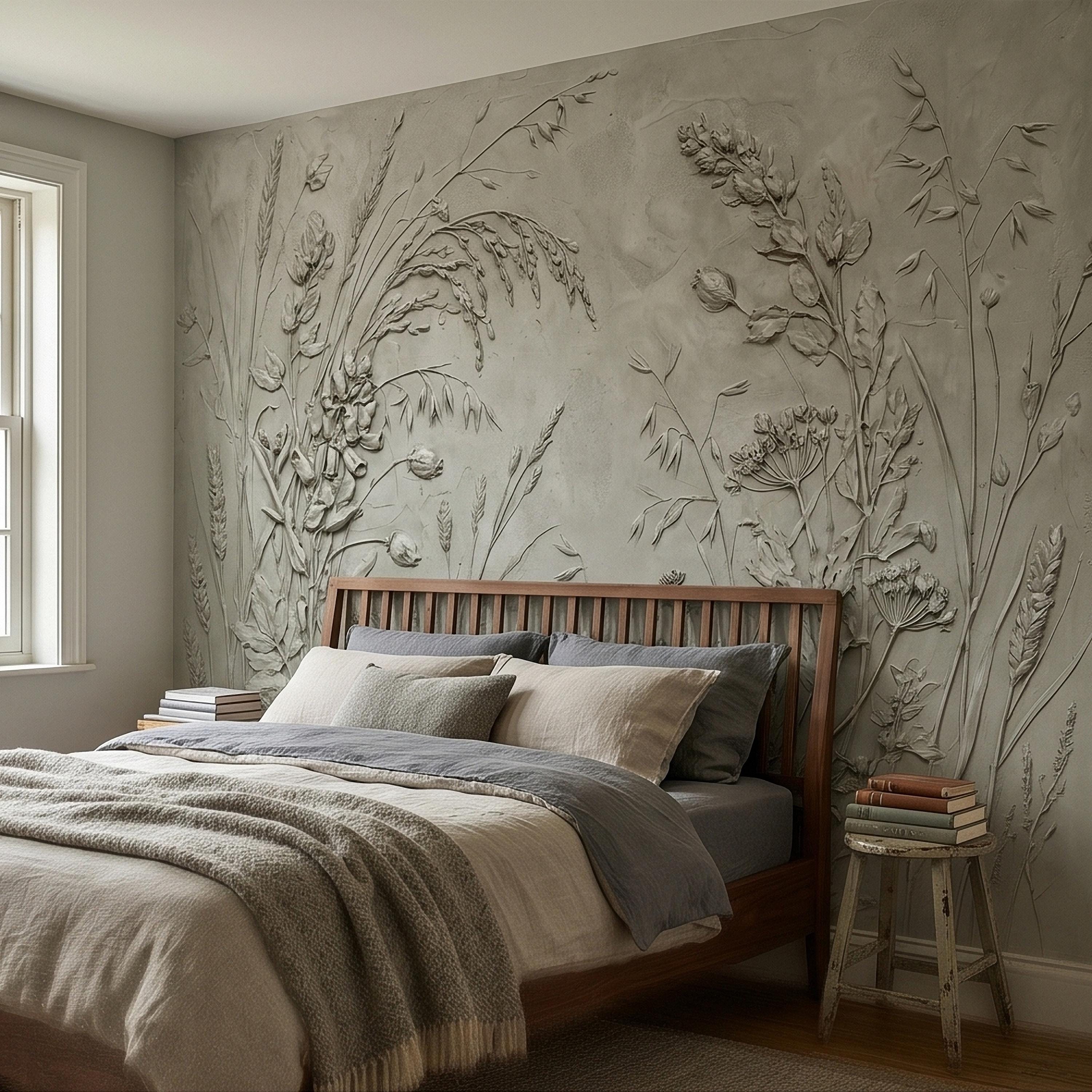 Sage Green Botanical Peel and Stick Wall Mural, Textured Wildflower Meadow Bas Relief Style Luxury Embossed Stucco Limewash Floral Wallpaper