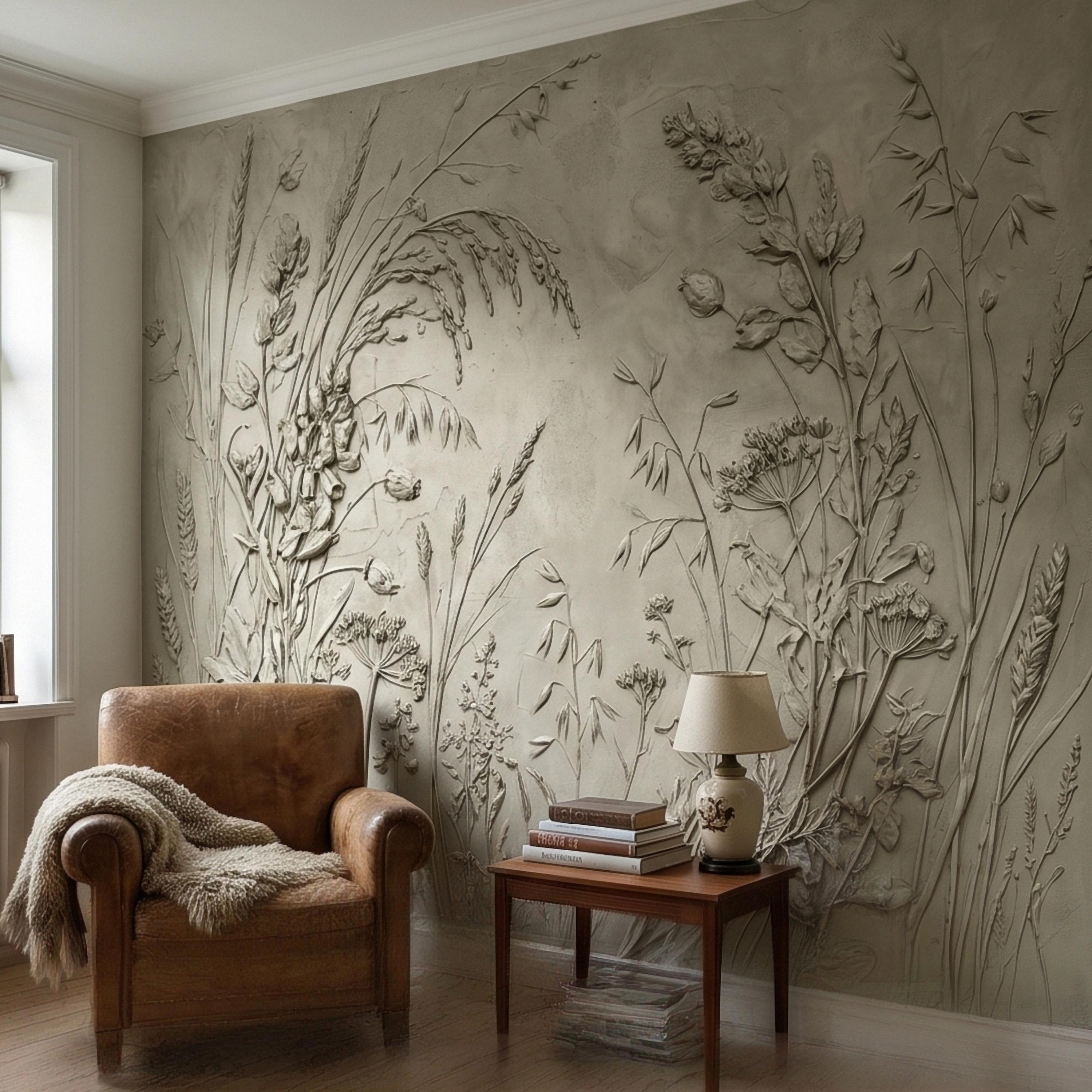 Sage Green Botanical Peel and Stick Wall Mural, Textured Wildflower Meadow Bas Relief Style Luxury Embossed Stucco Limewash Floral Wallpaper