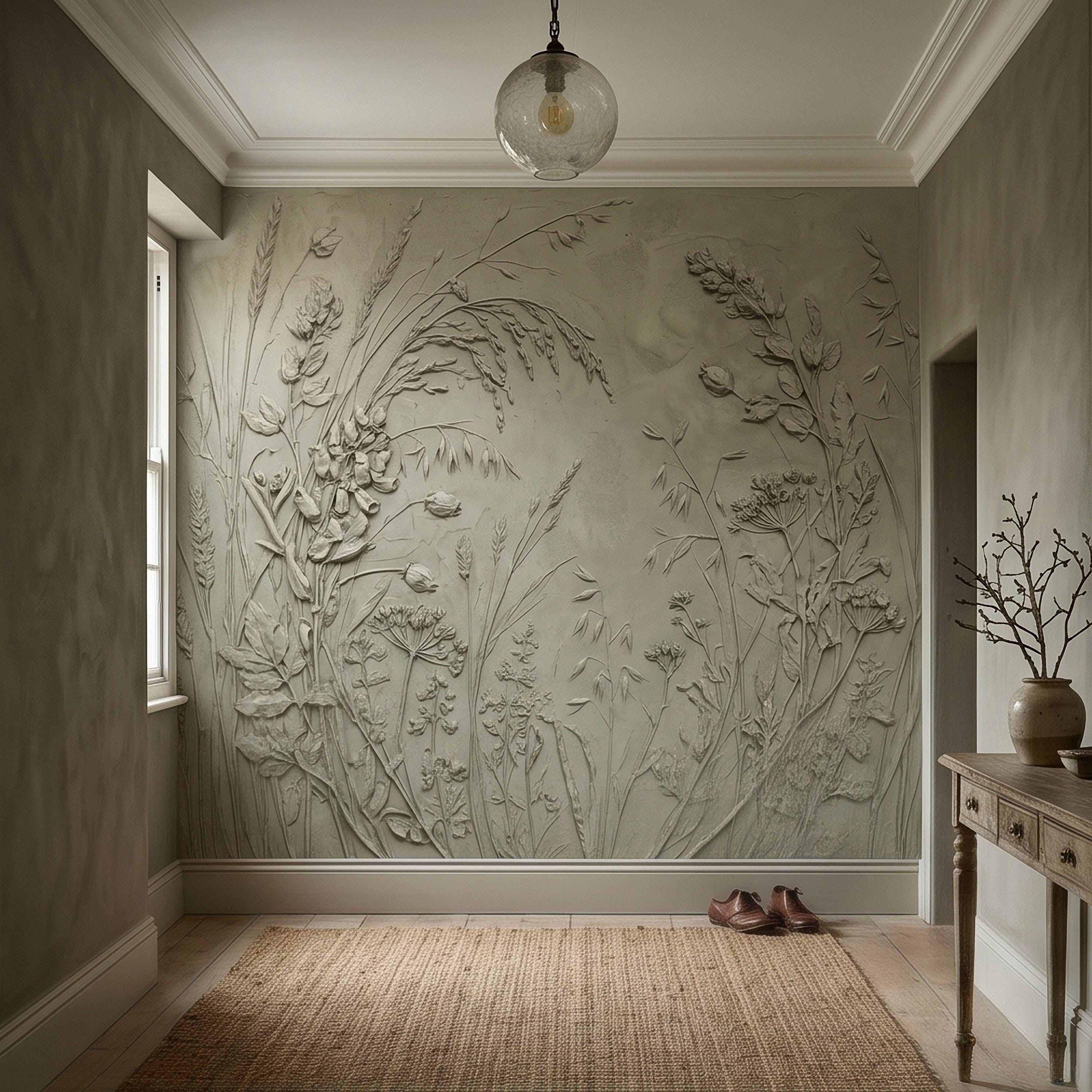 Sage Green Botanical Peel and Stick Wall Mural, Textured Wildflower Meadow Bas Relief Style Luxury Embossed Stucco Limewash Floral Wallpaper