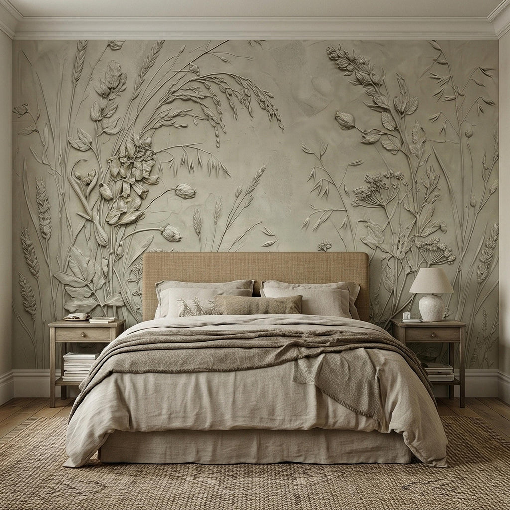 Sage Green Botanical Peel and Stick Wall Mural, Textured Wildflower Meadow Bas Relief Style Luxury Embossed Stucco Limewash Floral Wallpaper