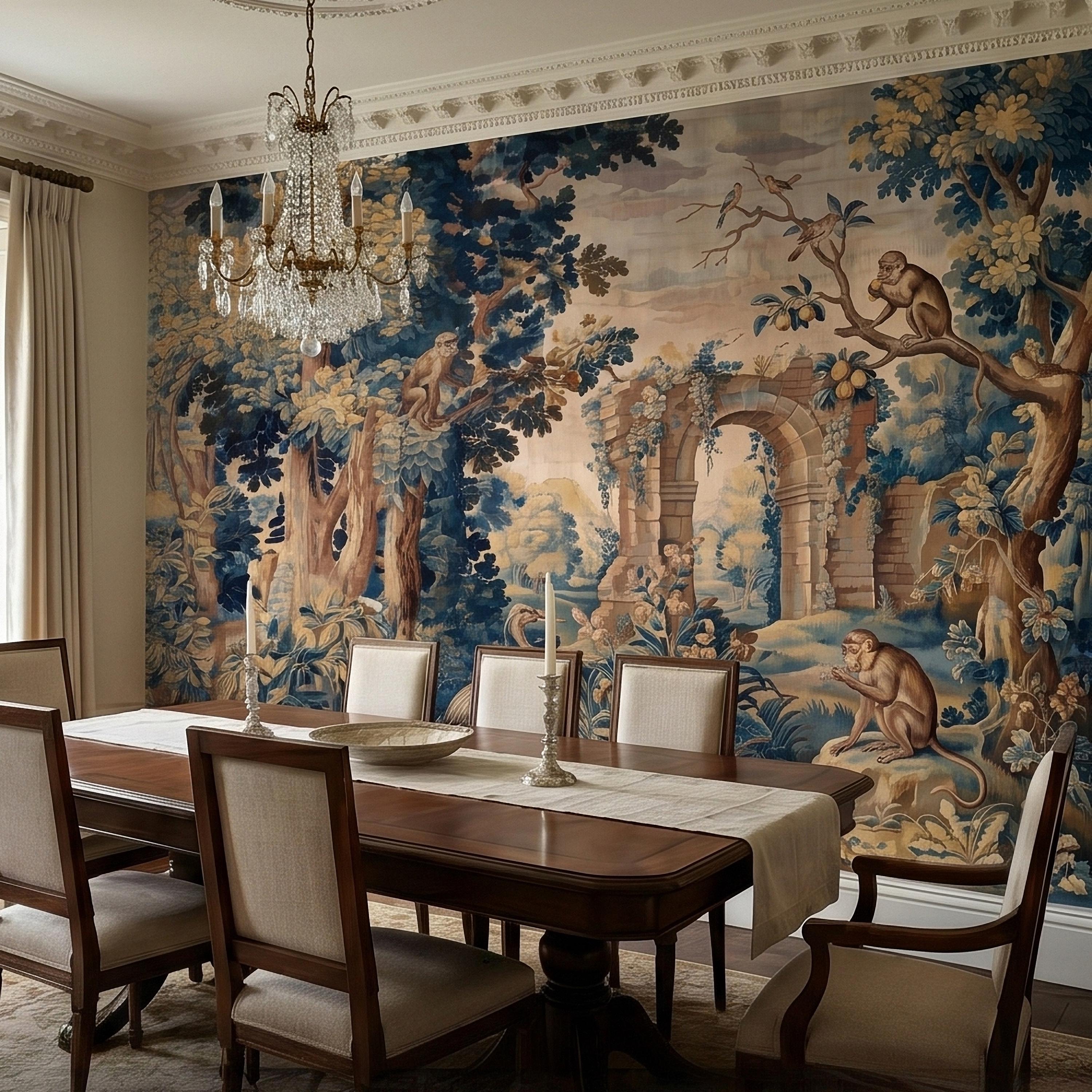 Blue Verdure Monkeys and Birds Peel and Stick Wall Mural, Vintage French Scenic Ruins Archway Garden Toile de Jouy Classic Wallpaper