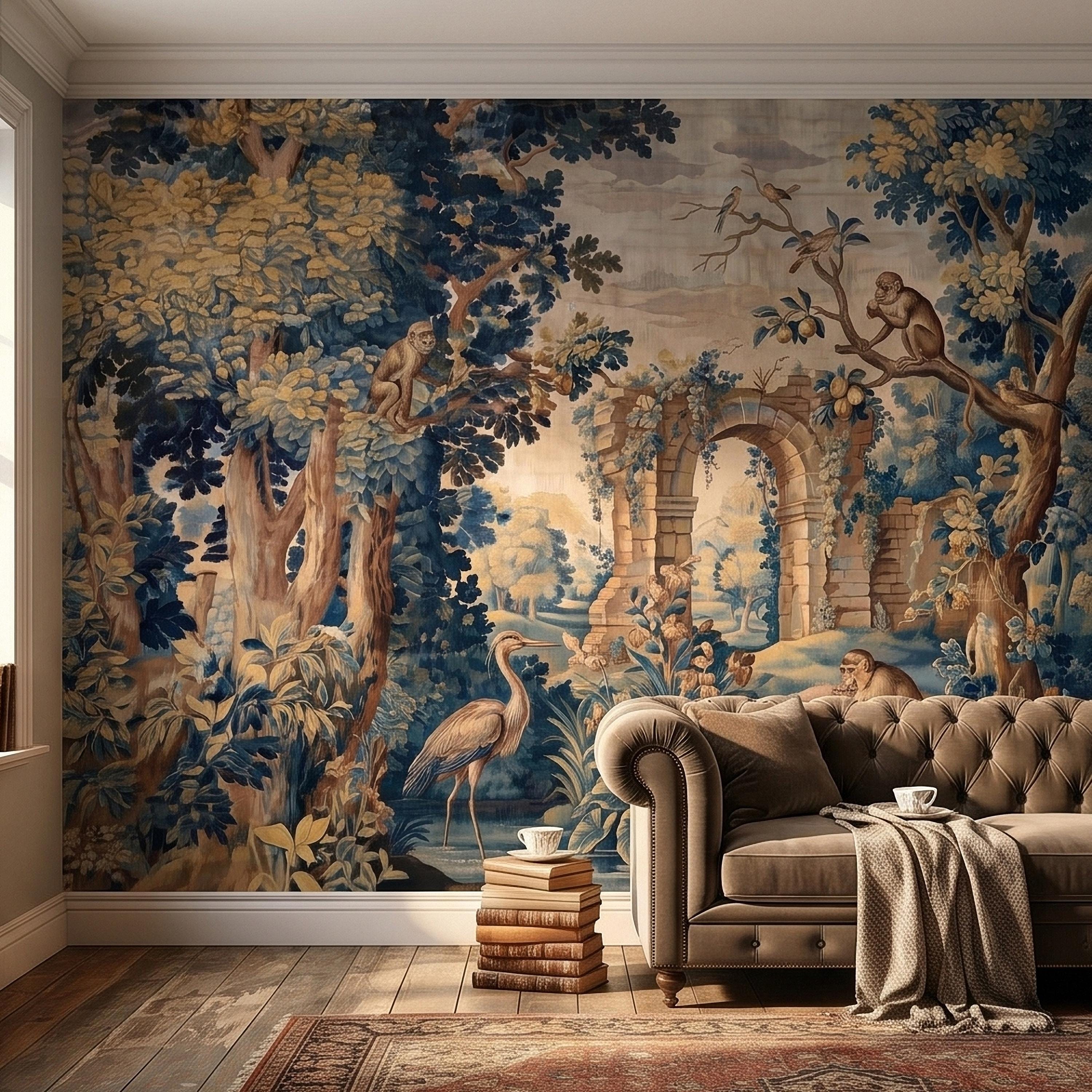 Blue Verdure Monkeys and Birds Peel and Stick Wall Mural, Vintage French Scenic Ruins Archway Garden Toile de Jouy Classic Wallpaper