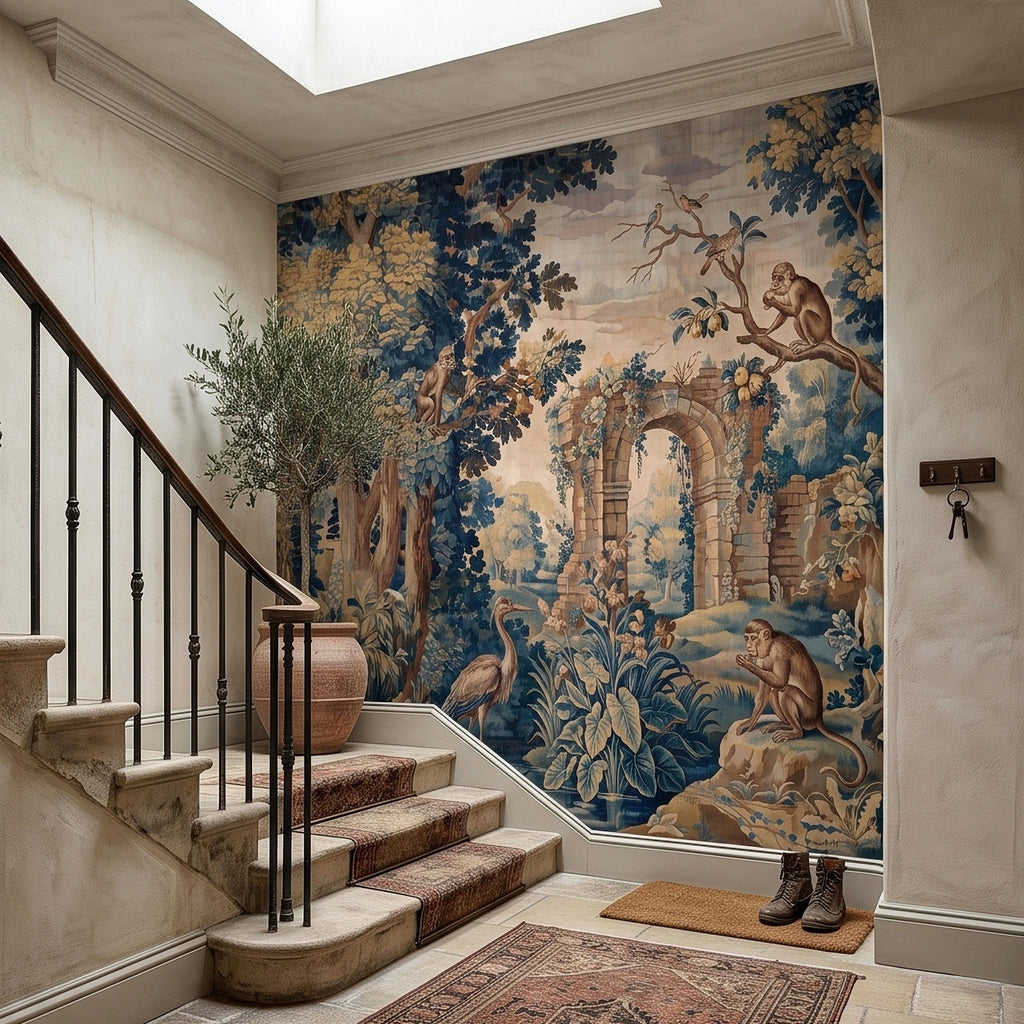 Blue Verdure Monkeys and Birds Peel and Stick Wall Mural, Vintage French Scenic Ruins Archway Garden Toile de Jouy Classic Wallpaper