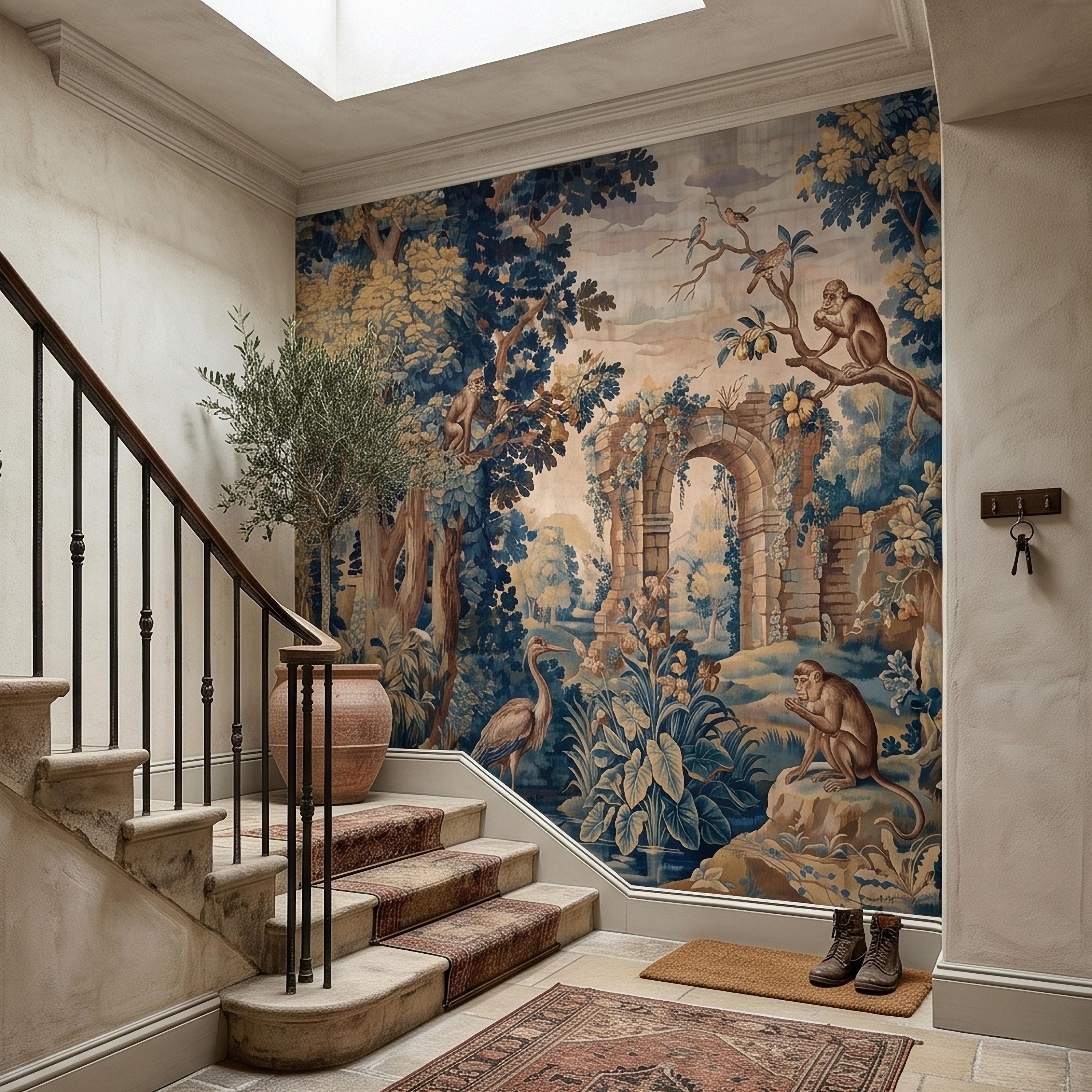 Blue Verdure Monkeys and Birds Peel and Stick Wall Mural, Vintage French Scenic Ruins Archway Garden Toile de Jouy Classic Wallpaper