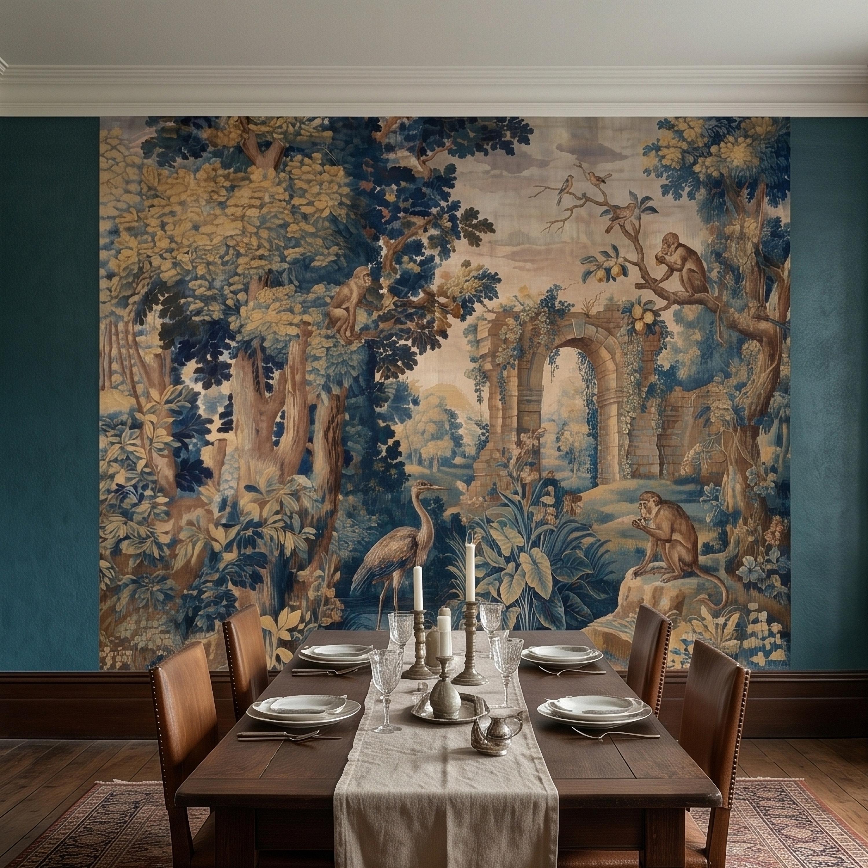 Blue Verdure Monkeys and Birds Peel and Stick Wall Mural, Vintage French Scenic Ruins Archway Garden Toile de Jouy Classic Wallpaper