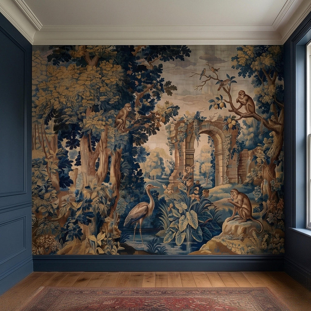 Blue Verdure Monkeys and Birds Peel and Stick Wall Mural, Vintage French Scenic Ruins Archway Garden Toile de Jouy Classic Wallpaper