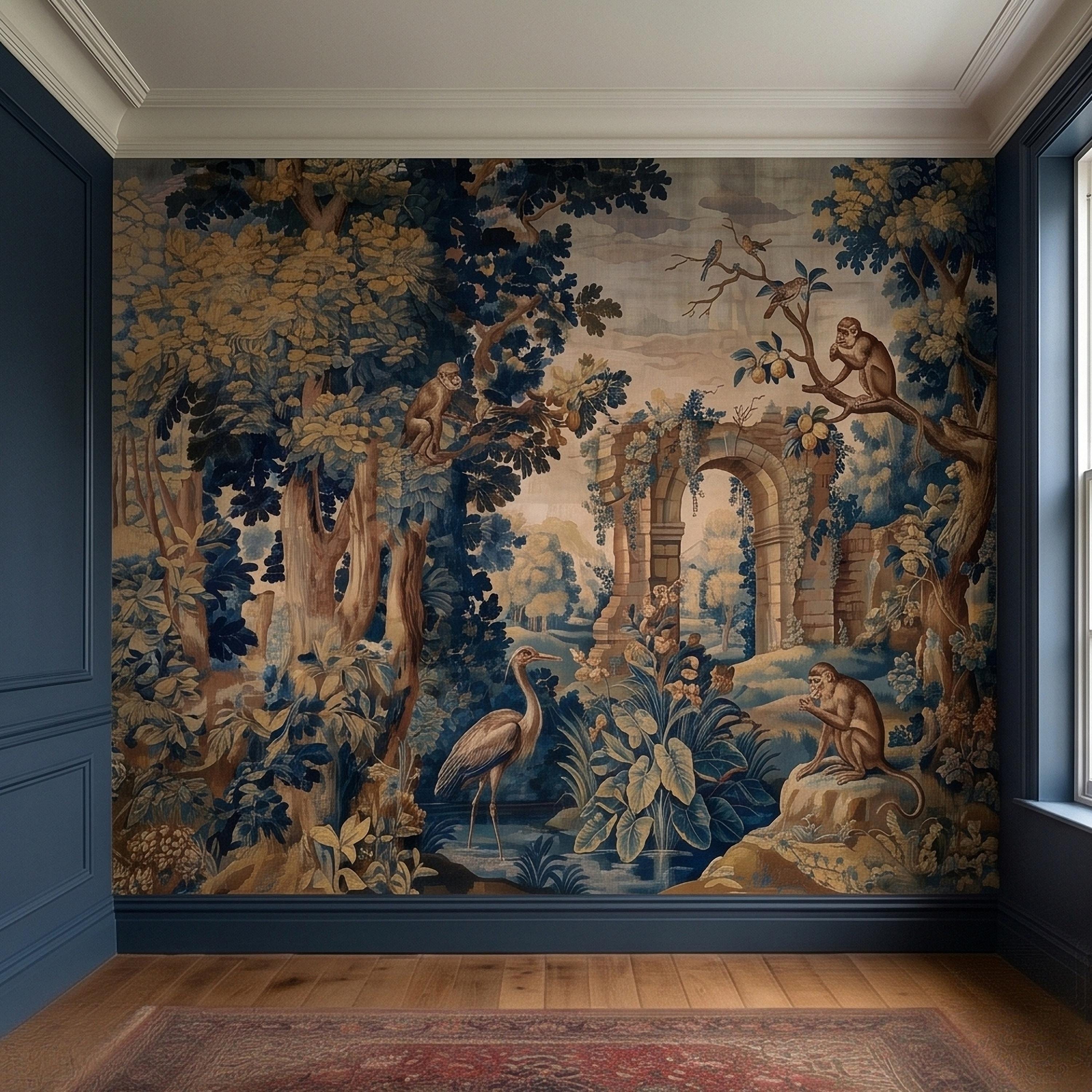 Blue Verdure Monkeys and Birds Peel and Stick Wall Mural, Vintage French Scenic Ruins Archway Garden Toile de Jouy Classic Wallpaper