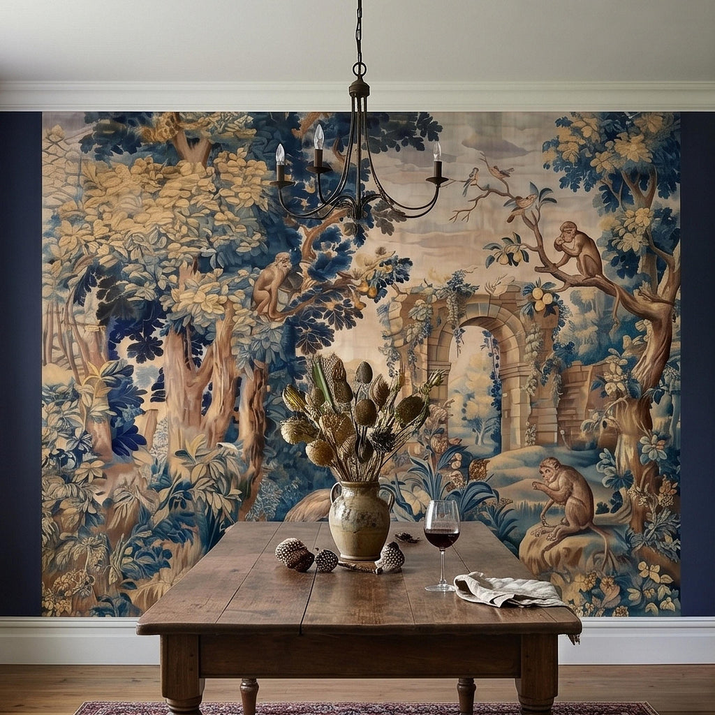 Blue Verdure Monkeys and Birds Peel and Stick Wall Mural, Vintage French Scenic Ruins Archway Garden Toile de Jouy Classic Wallpaper