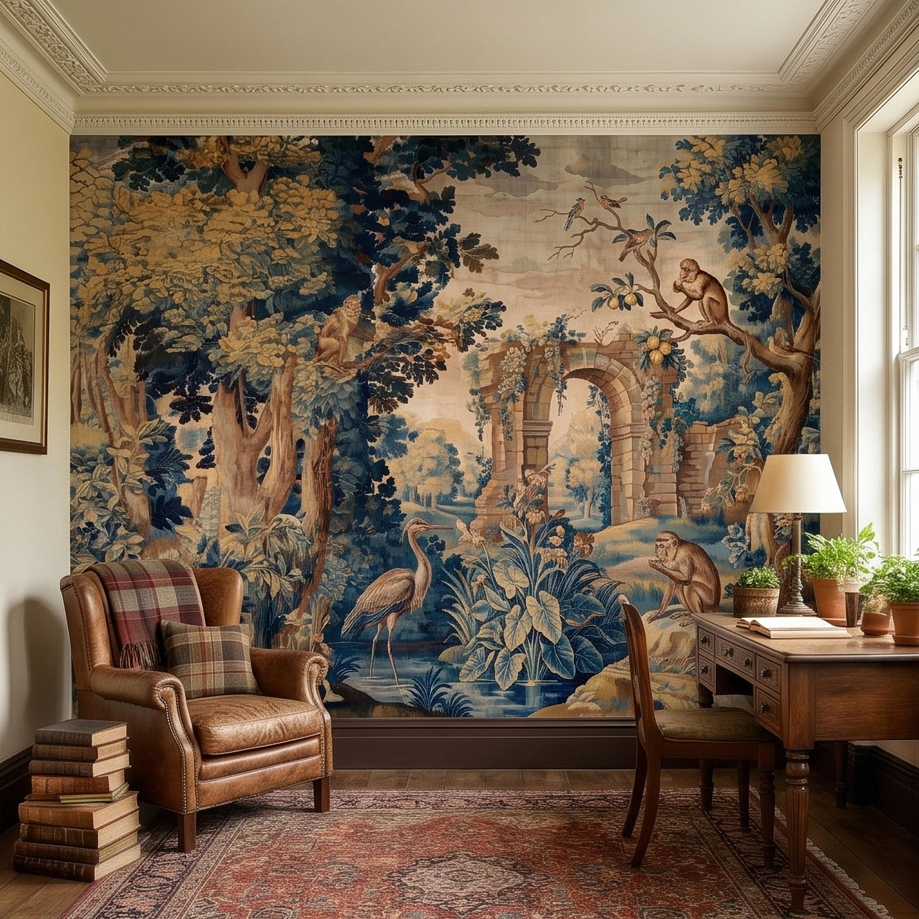 Blue Verdure Monkeys and Birds Peel and Stick Wall Mural, Vintage French Scenic Ruins Archway Garden Toile de Jouy Classic Wallpaper