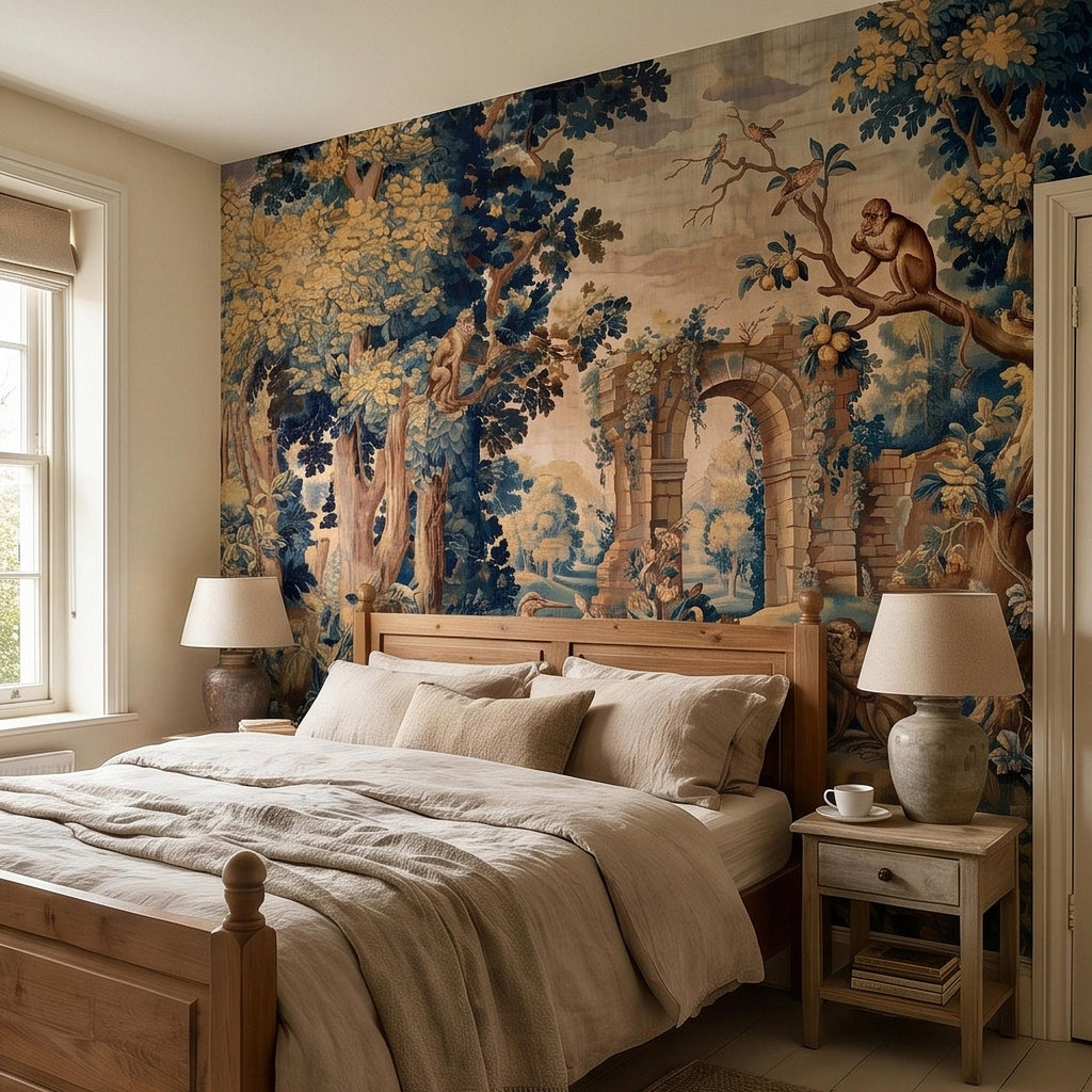 Blue Verdure Monkeys and Birds Peel and Stick Wall Mural, Vintage French Scenic Ruins Archway Garden Toile de Jouy Classic Wallpaper