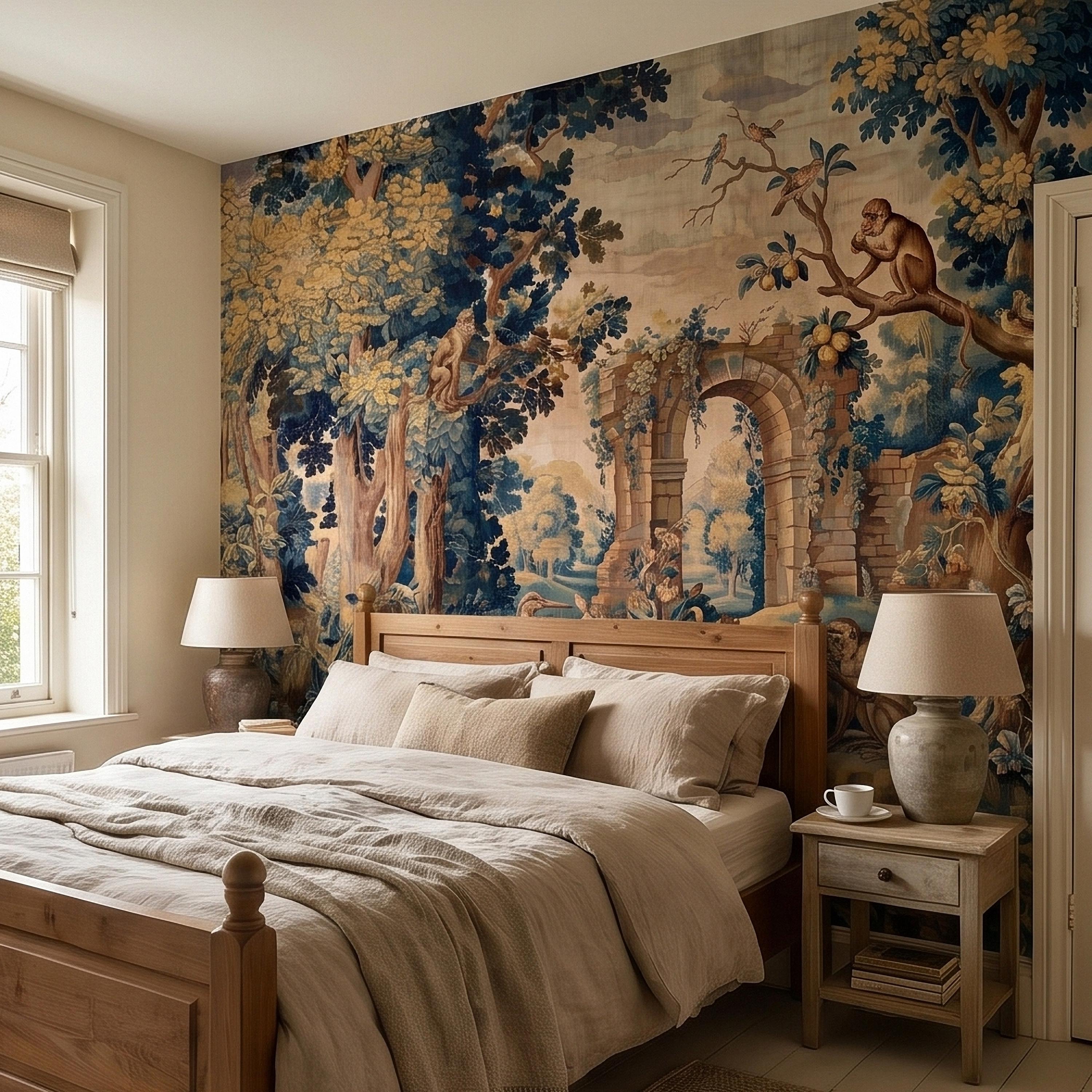 Blue Verdure Monkeys and Birds Peel and Stick Wall Mural, Vintage French Scenic Ruins Archway Garden Toile de Jouy Classic Wallpaper