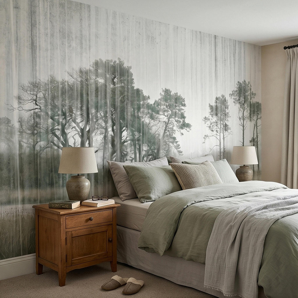 Misty Rain Forest Lake Peel and Stick Wall Mural, Neutral Foggy Wetland Landscape with Pine Trees, Modern Moody Watercolor Wallpaper