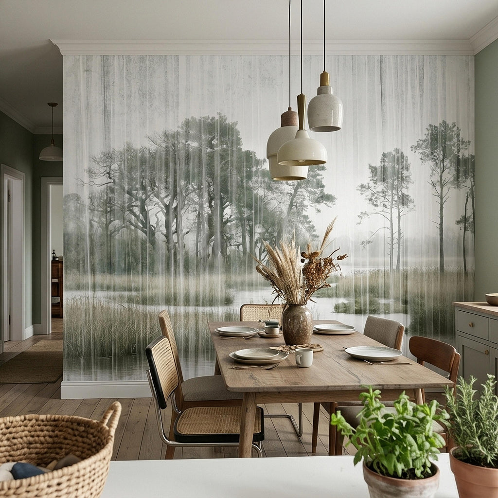 Misty Rain Forest Lake Peel and Stick Wall Mural, Neutral Foggy Wetland Landscape with Pine Trees, Modern Moody Watercolor Wallpaper