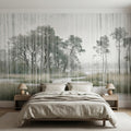 Misty Rain Forest Lake Peel and Stick Wall Mural, Neutral Foggy Wetland Landscape with Pine Trees, Modern Moody Watercolor Wallpaper