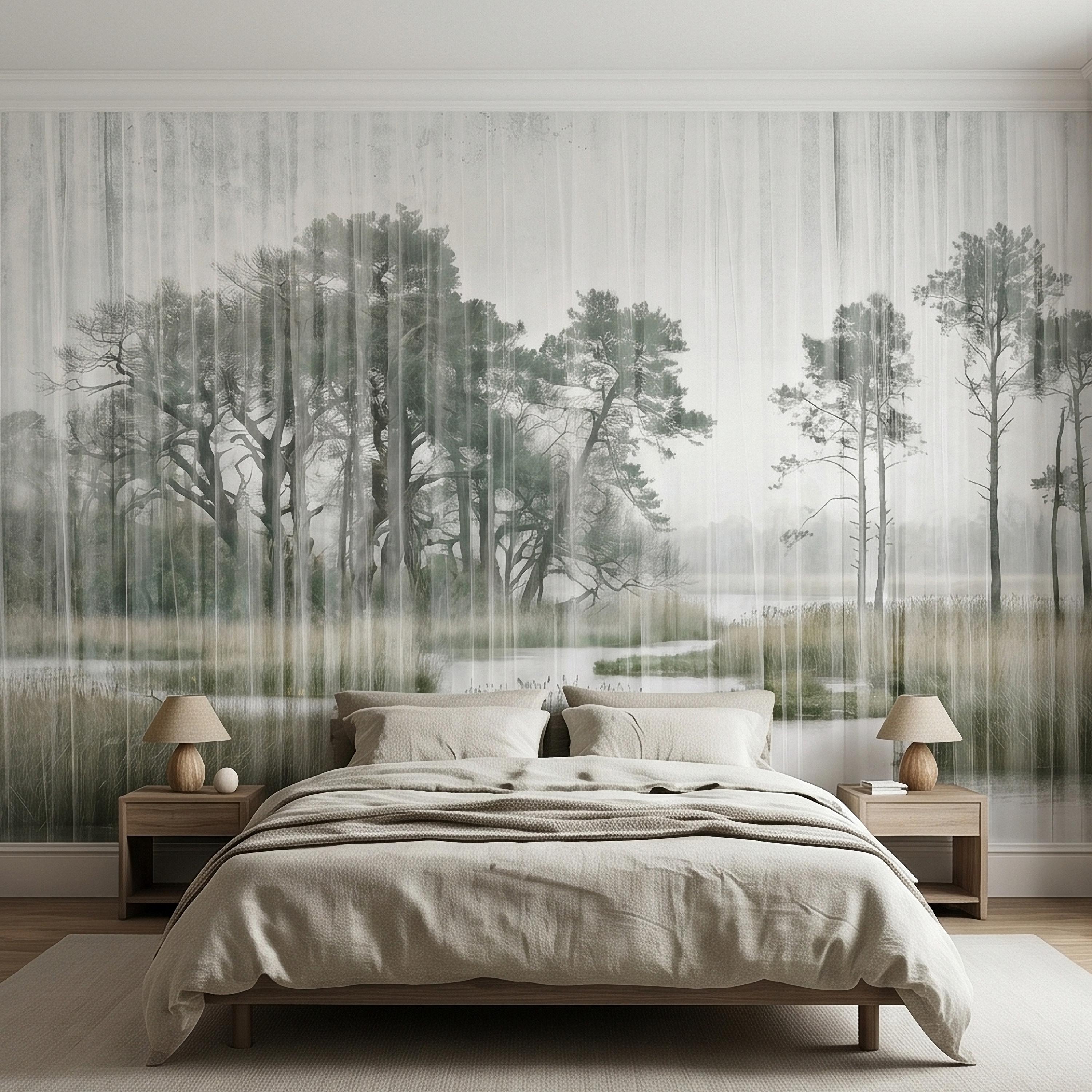 Misty Rain Forest Lake Peel and Stick Wall Mural, Neutral Foggy Wetland Landscape with Pine Trees, Modern Moody Watercolor Wallpaper